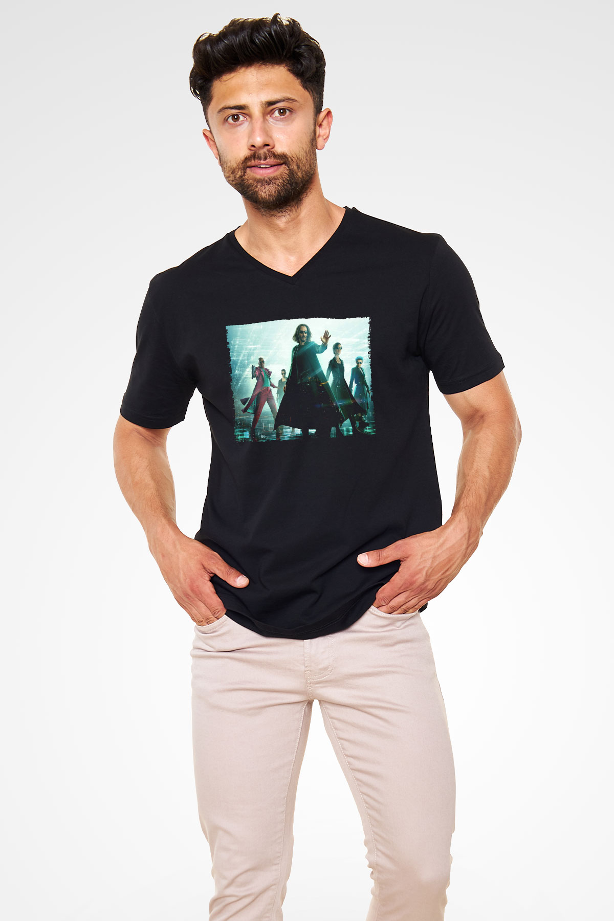Unisex Matrix (The Matrix) Baskılı Siyah V Yaka Tshirt