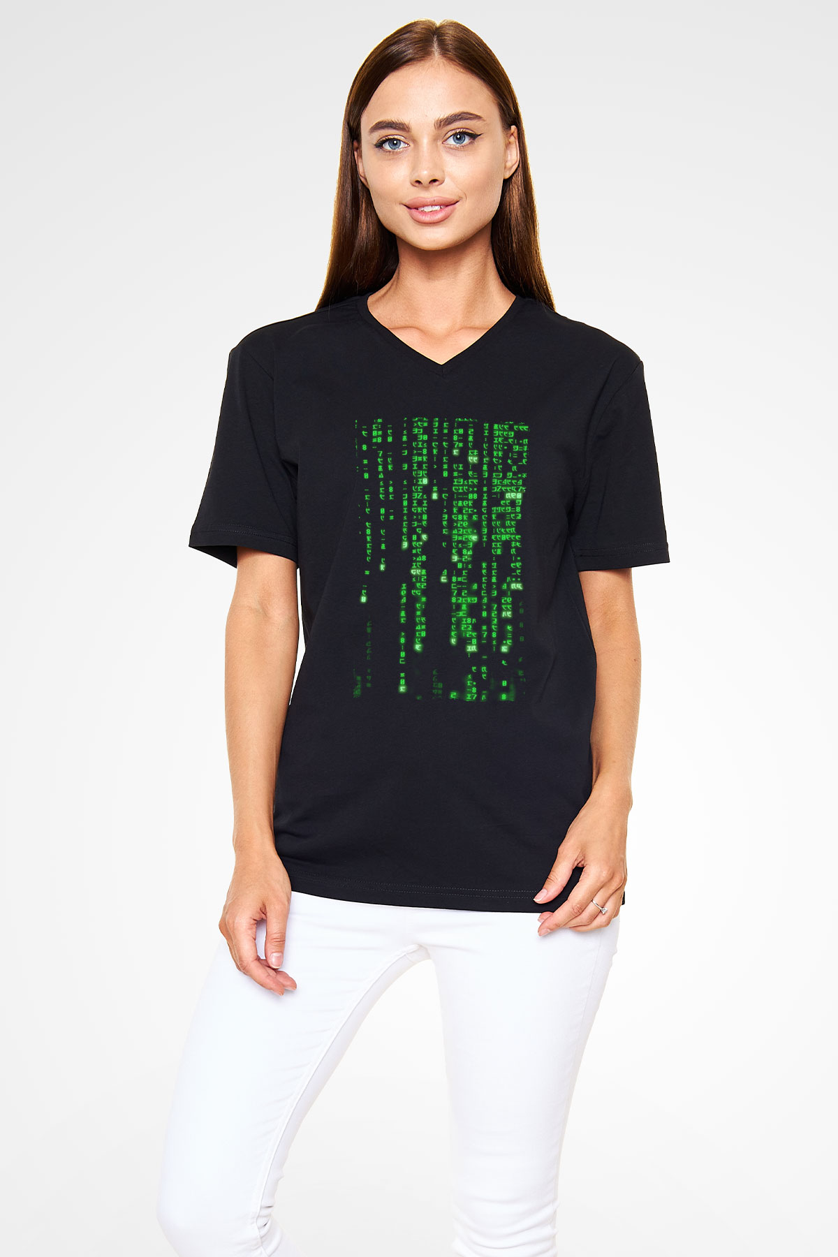 Unisex Matrix (The Matrix) Baskılı Siyah Unisex V Yaka Tshirt