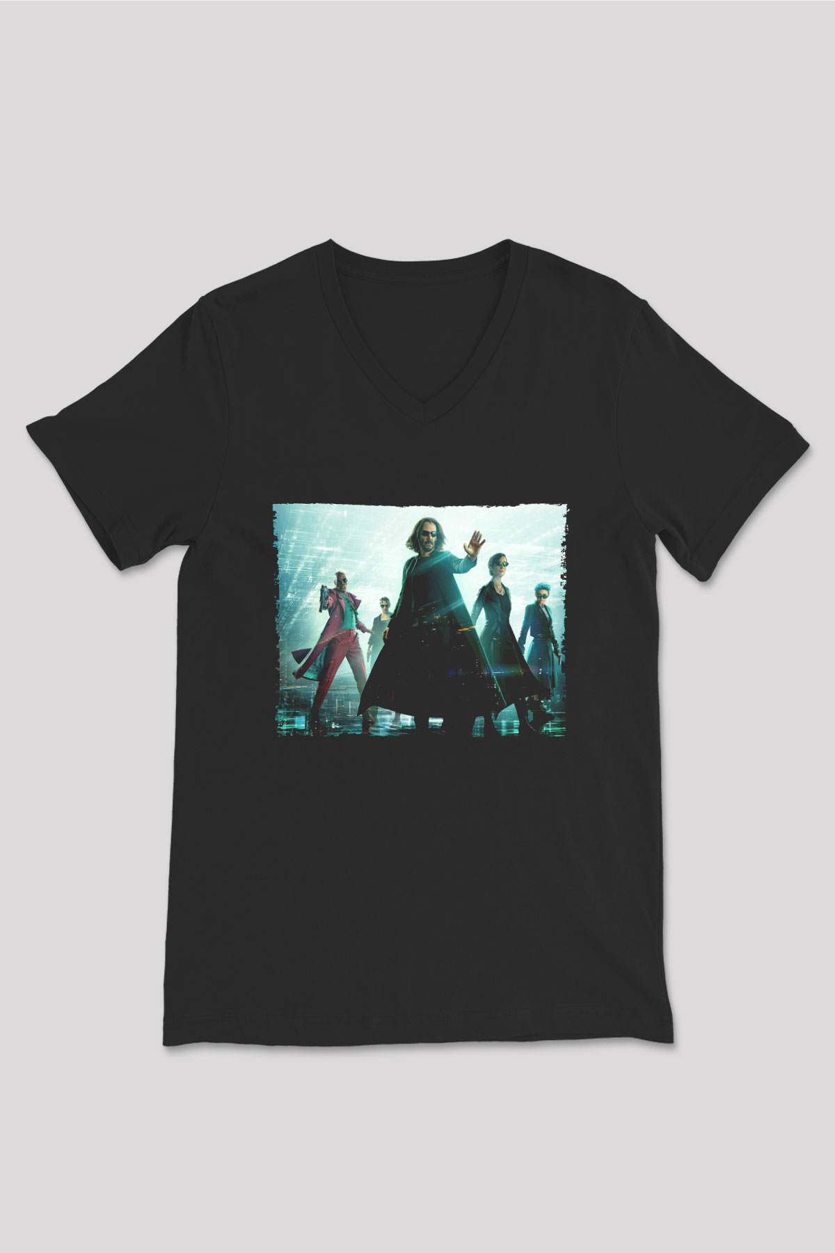 Unisex Matrix (The Matrix) Baskılı Siyah V Yaka Tshirt