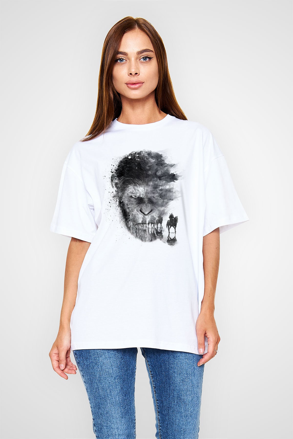 Unisex Maymunlar Cehennemi Savaş (War for the Planet of the Apes) Baskılı Beyaz Oversize T-shirt