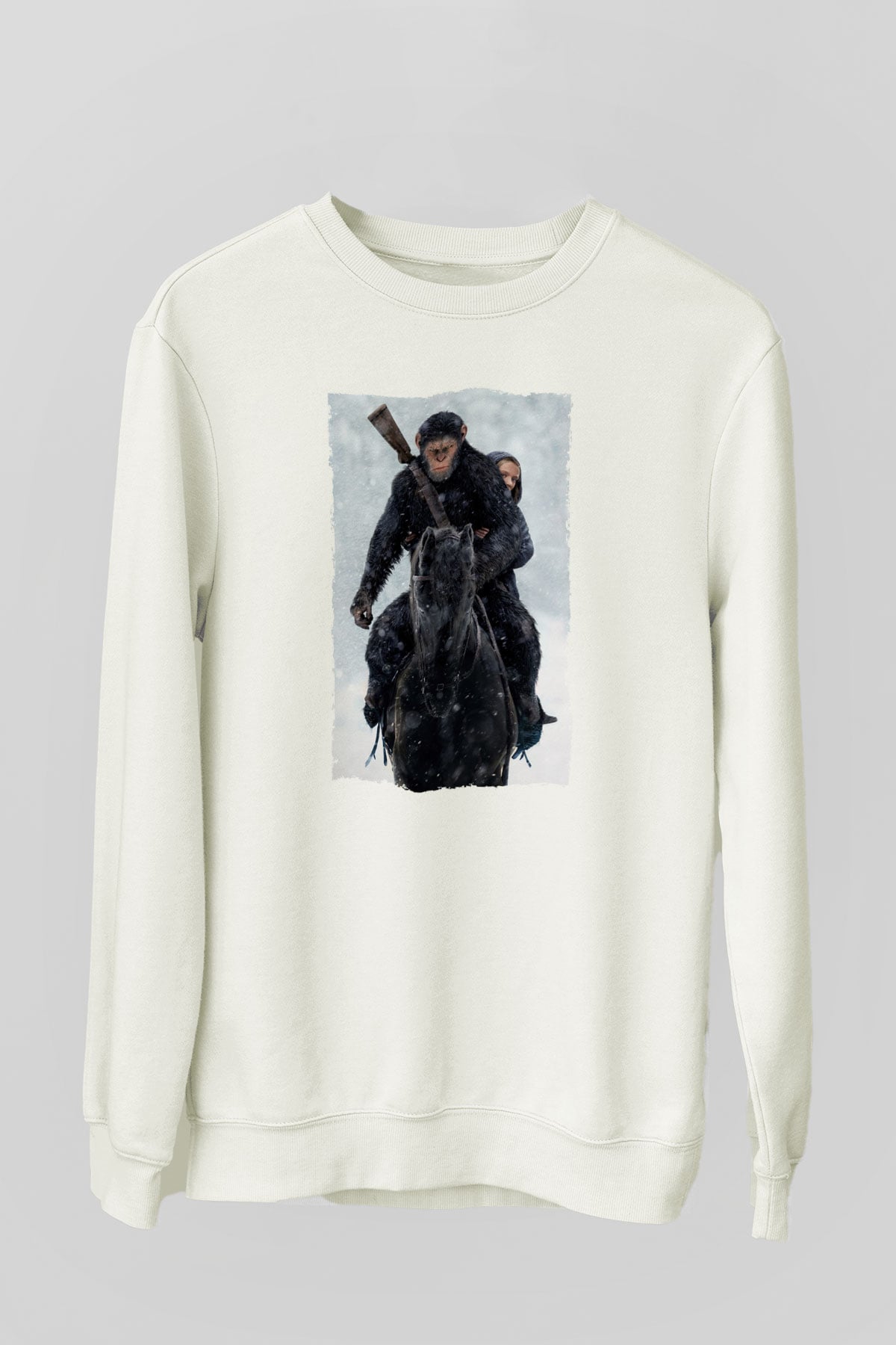 Unisex Maymunlar Cehennemi Savaş (War for the Planet of the Apes) Baskılı Beyaz Sweatshirt
