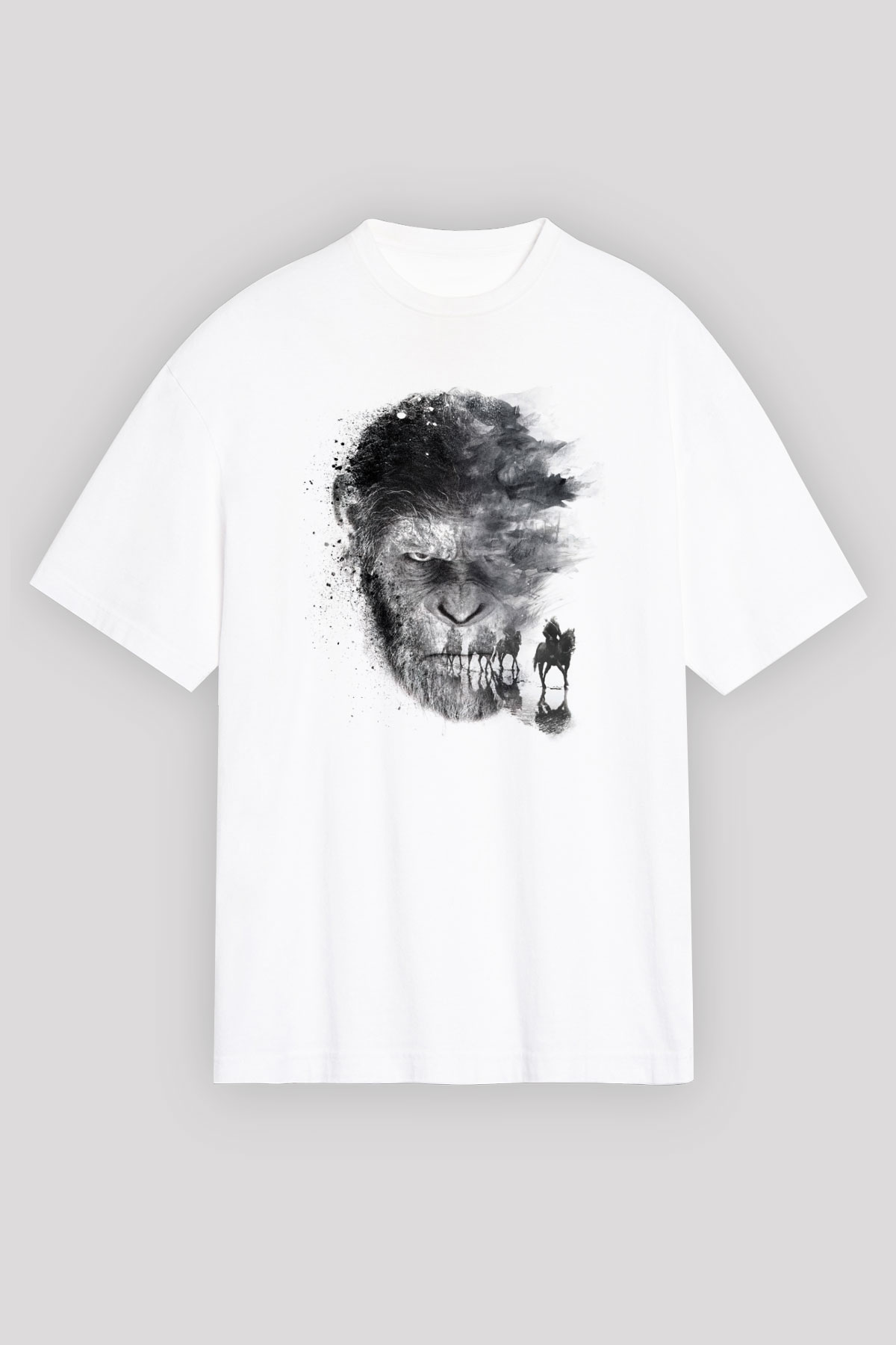 Unisex Maymunlar Cehennemi Savaş (War for the Planet of the Apes) Baskılı Beyaz Oversize T-shirt