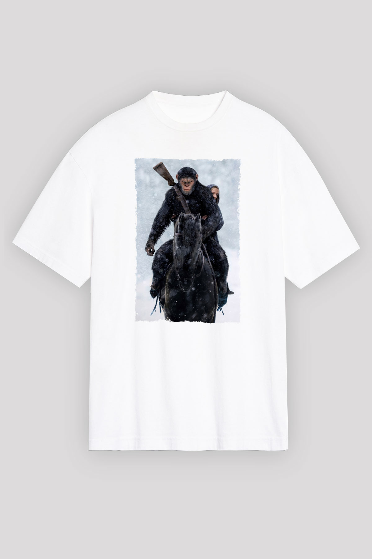 Unisex Maymunlar Cehennemi Savaş (War for the Planet of the Apes) Baskılı Beyaz Oversize Oversize T-shirt