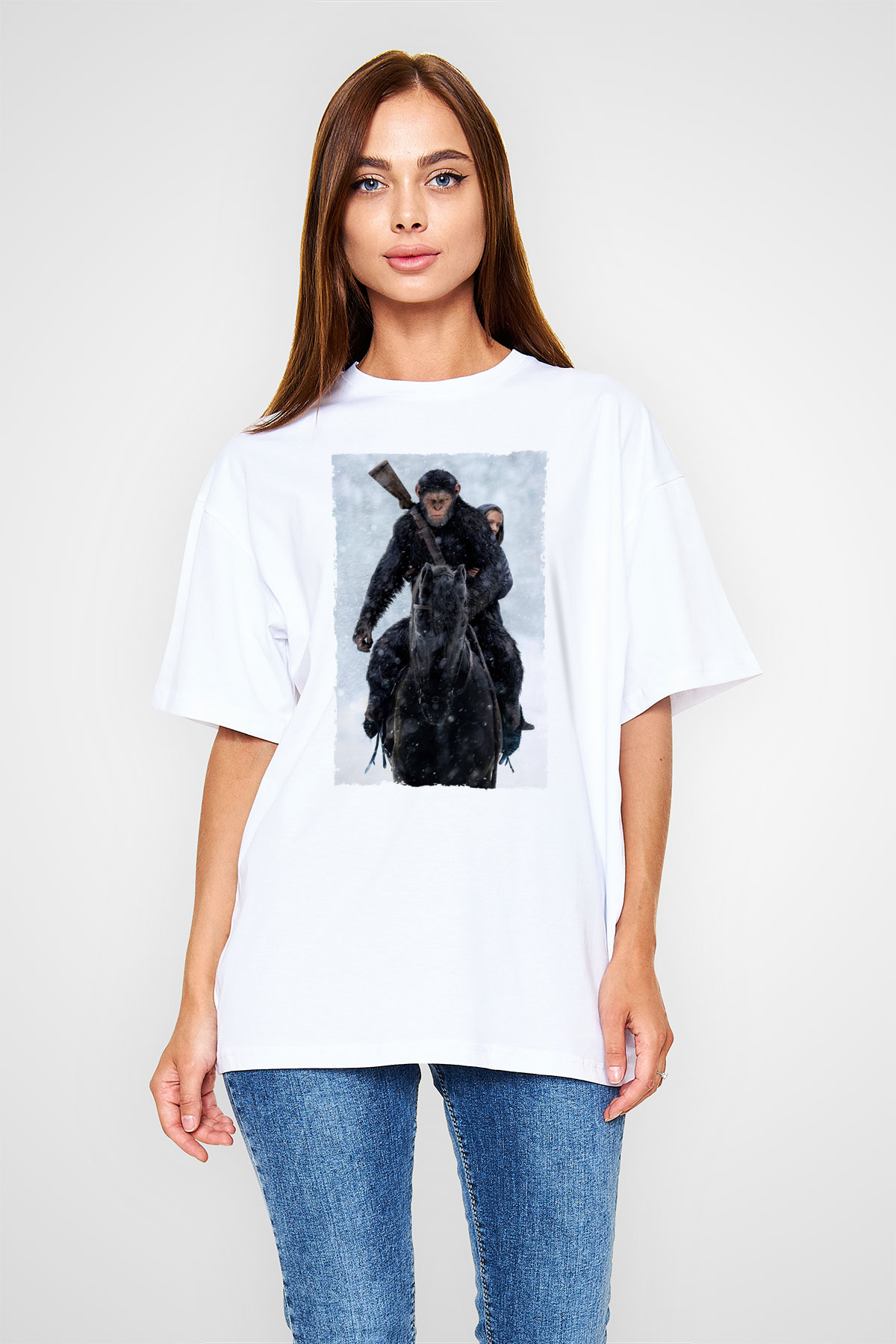 Unisex Maymunlar Cehennemi Savaş (War for the Planet of the Apes) Baskılı Beyaz Oversize Oversize T-shirt