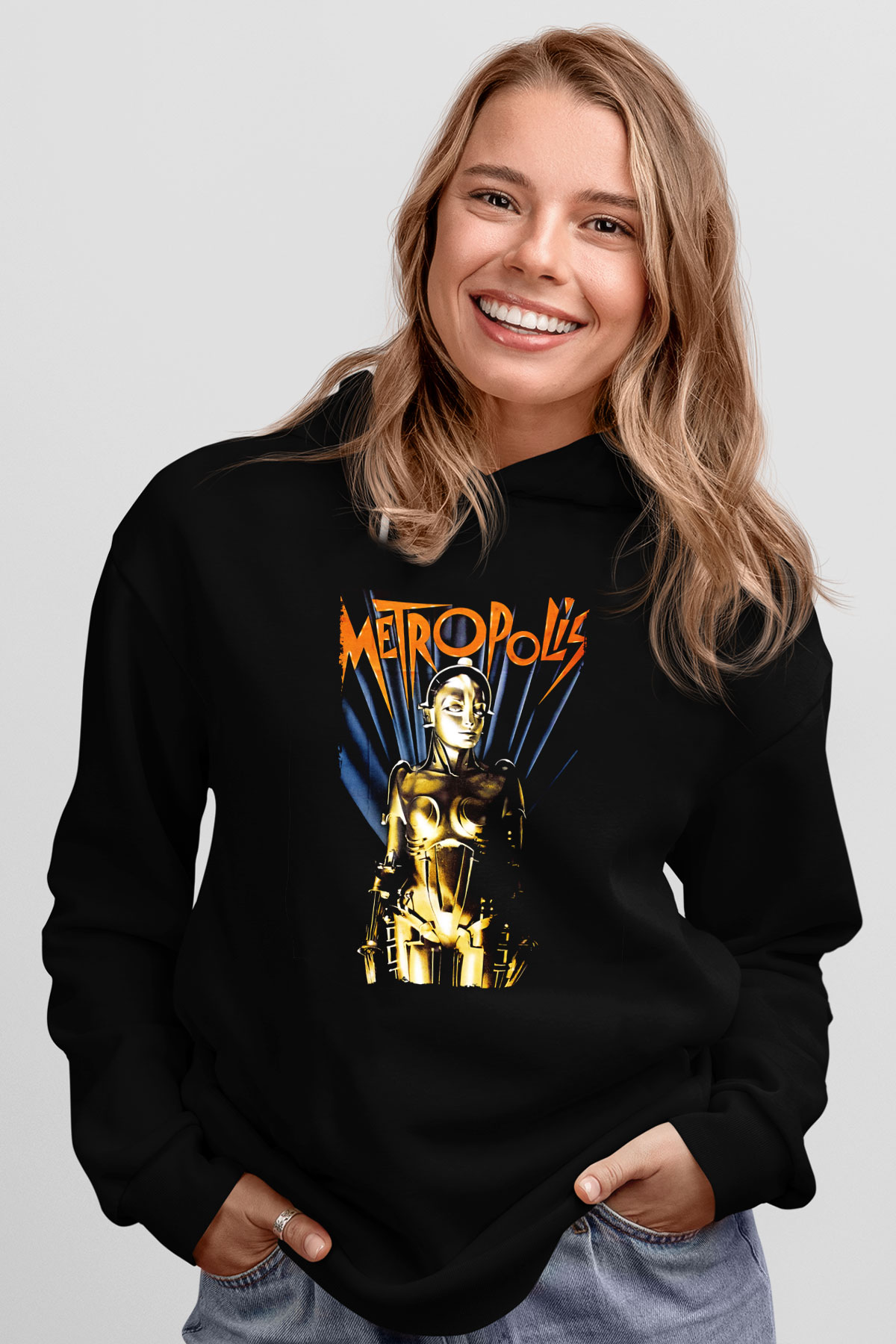 Unisex Metropolis Baskılı Siyah Kapüşonlu Sweatshirt