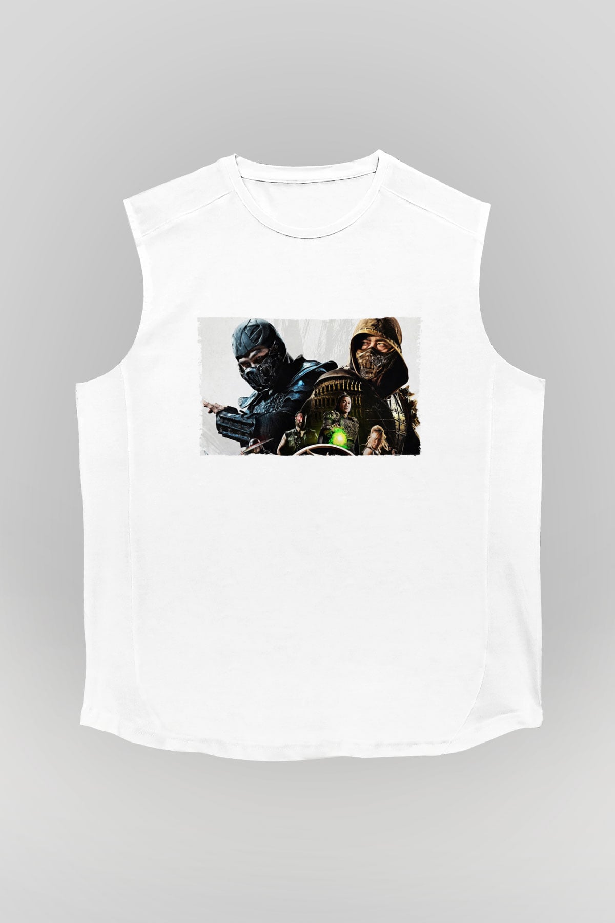 Unisex Mortal Kombat Baskılı Beyaz Kolsuz Tişört