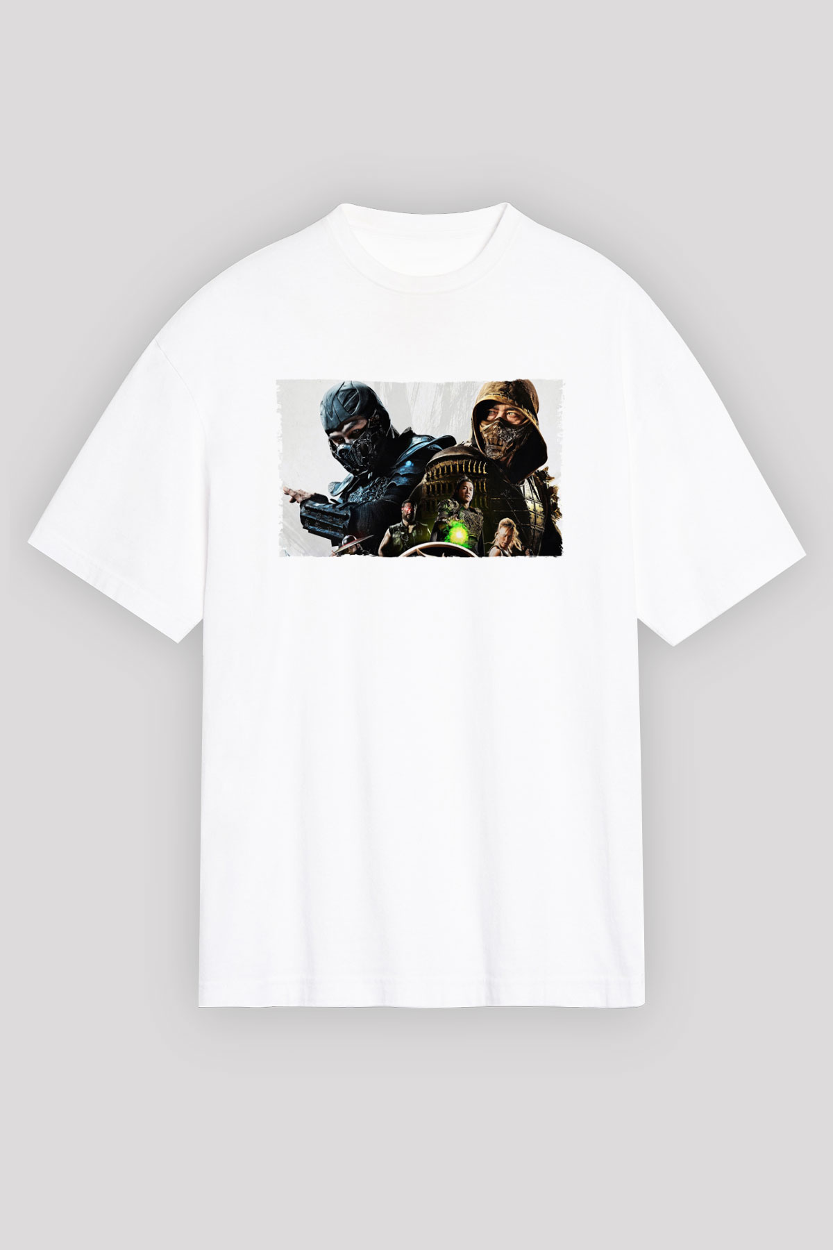 Unisex Mortal Kombat Baskılı Beyaz Oversize Tişört
