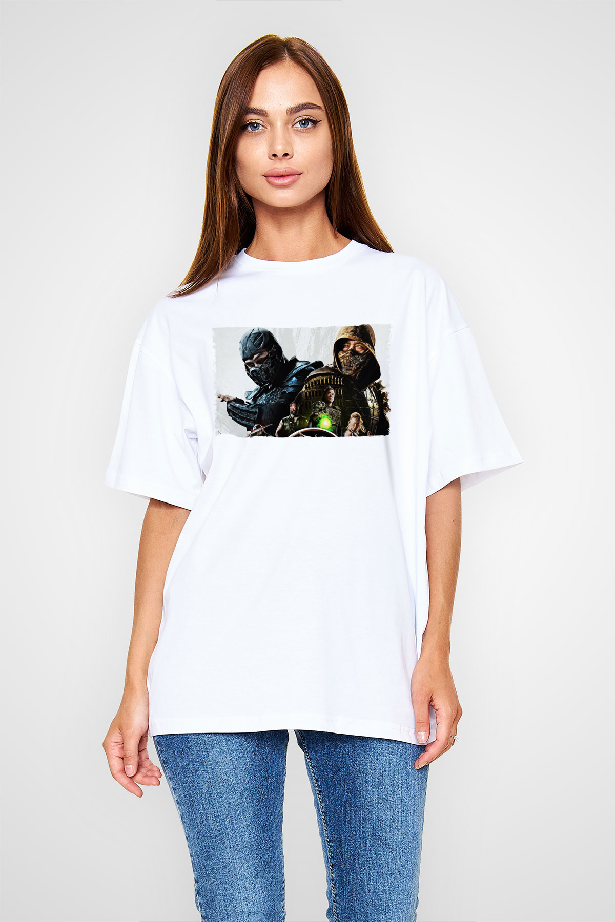 Unisex Mortal Kombat Baskılı Beyaz Oversize Tişört