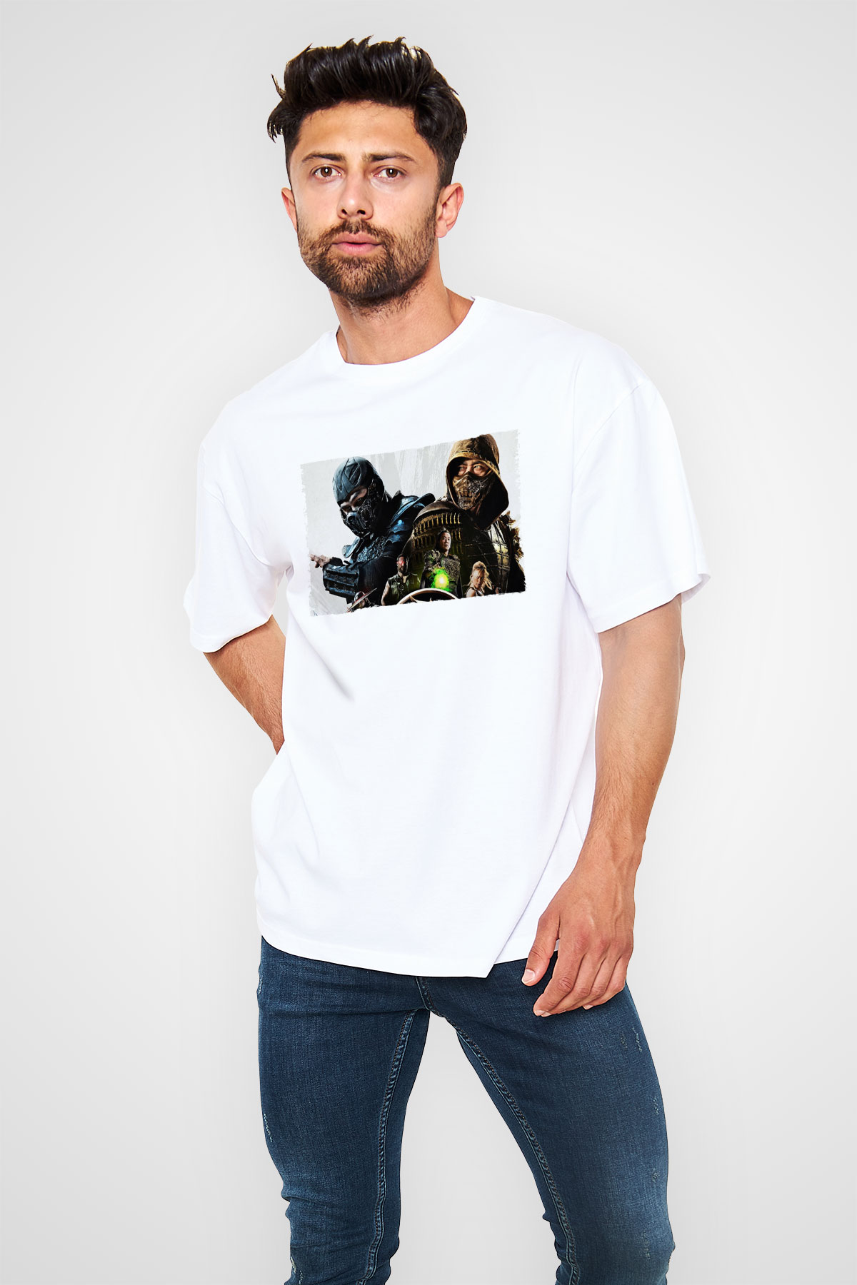 Unisex Mortal Kombat Baskılı Beyaz Oversize Tişört