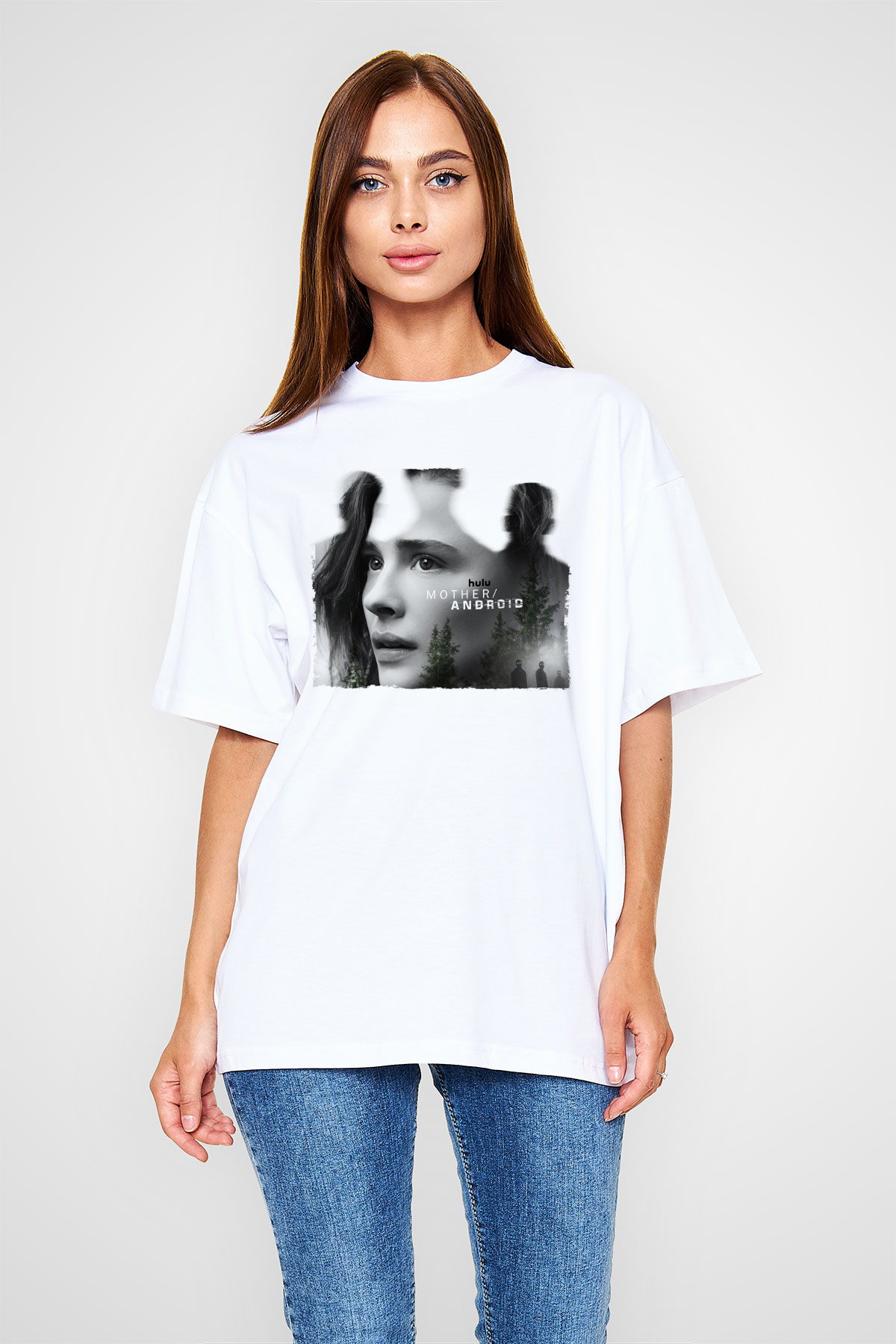 Unisex Mother Android Baskılı Beyaz Oversize Tişört