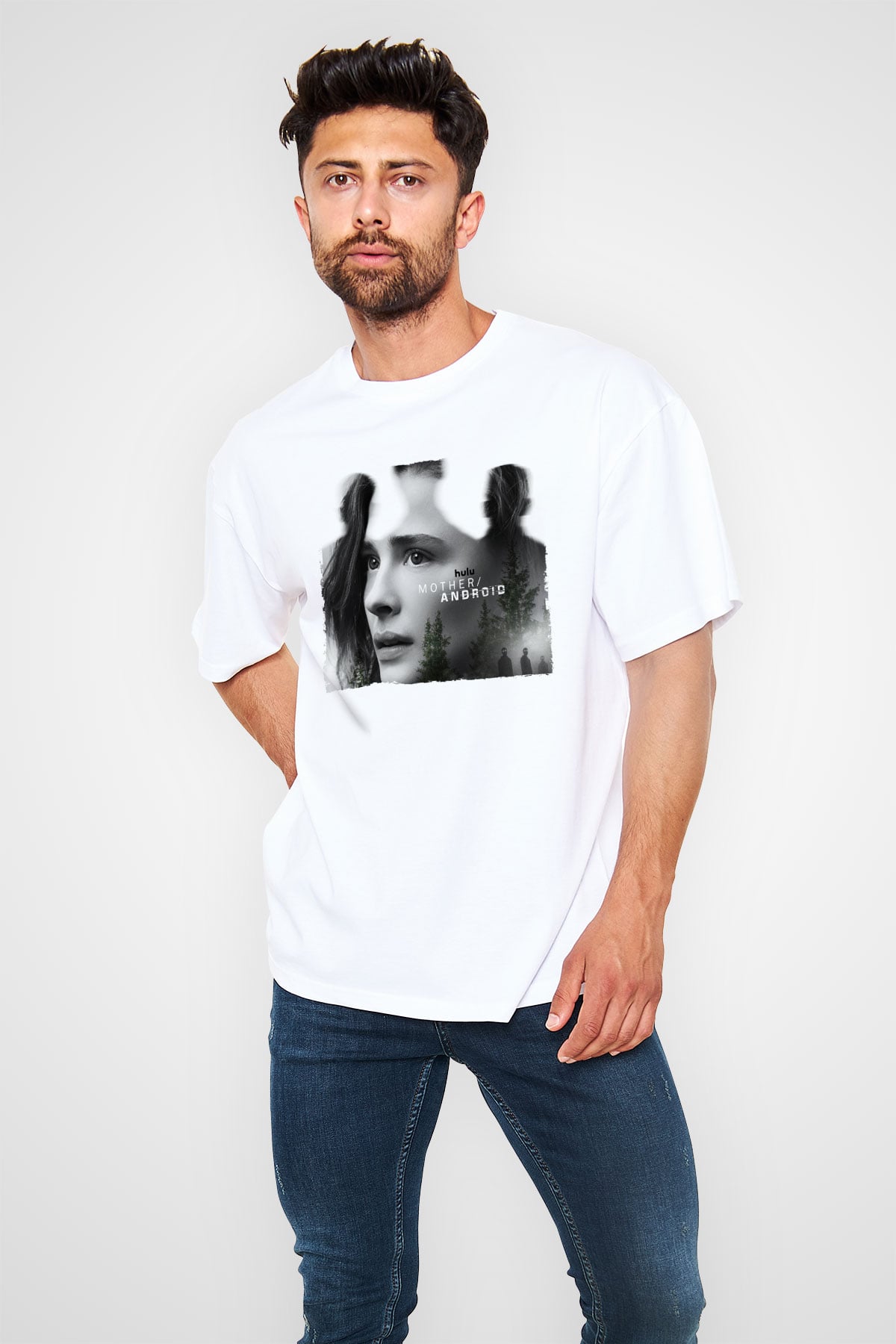 Unisex Mother Android Baskılı Beyaz Oversize Tişört