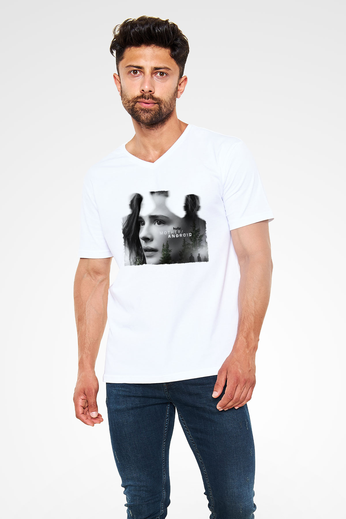 Unisex Mother Android Baskılı Beyaz V Yaka Tişört