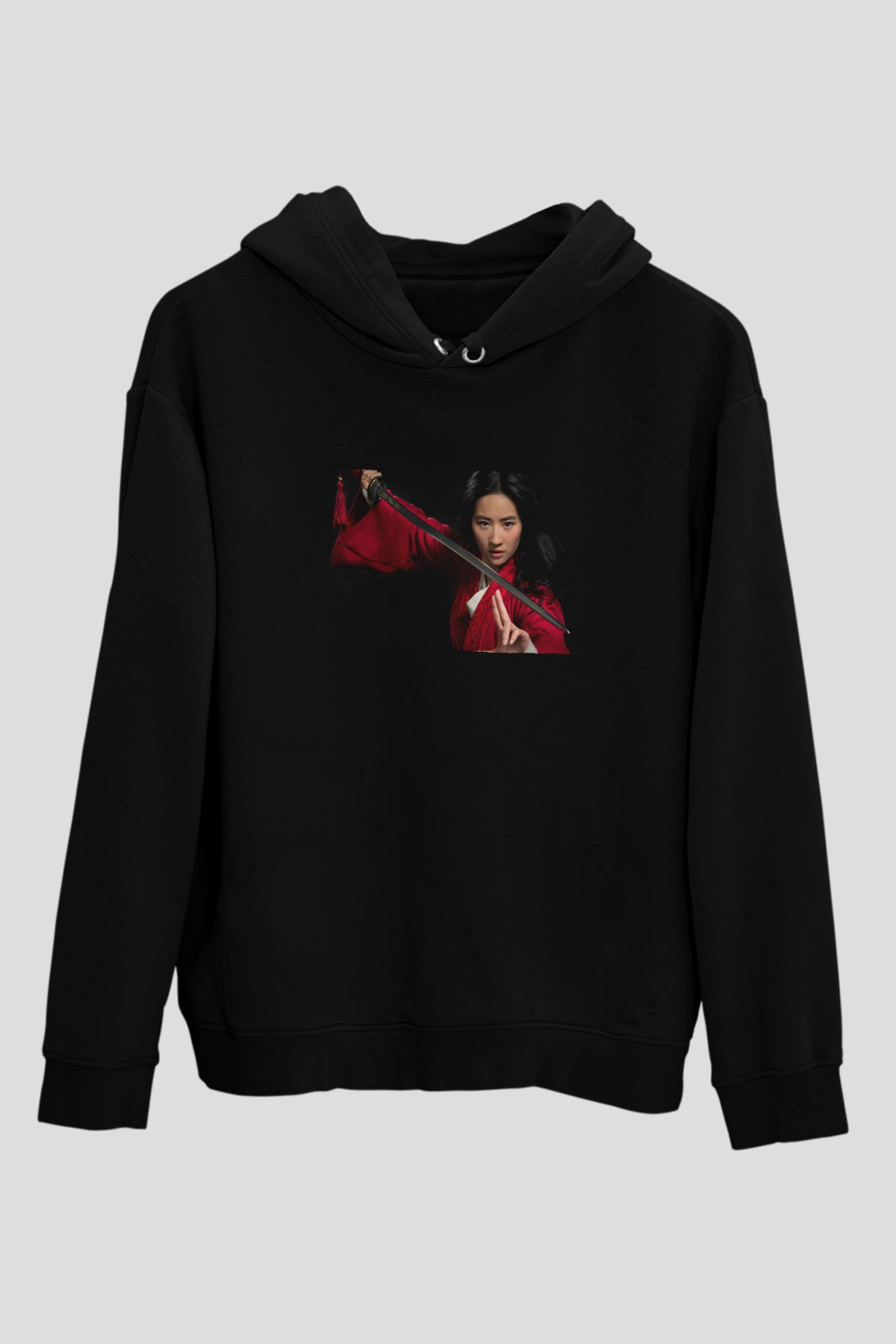 Unisex Mulan Baskılı Siyah Kapüşonlu Sweatshirt
