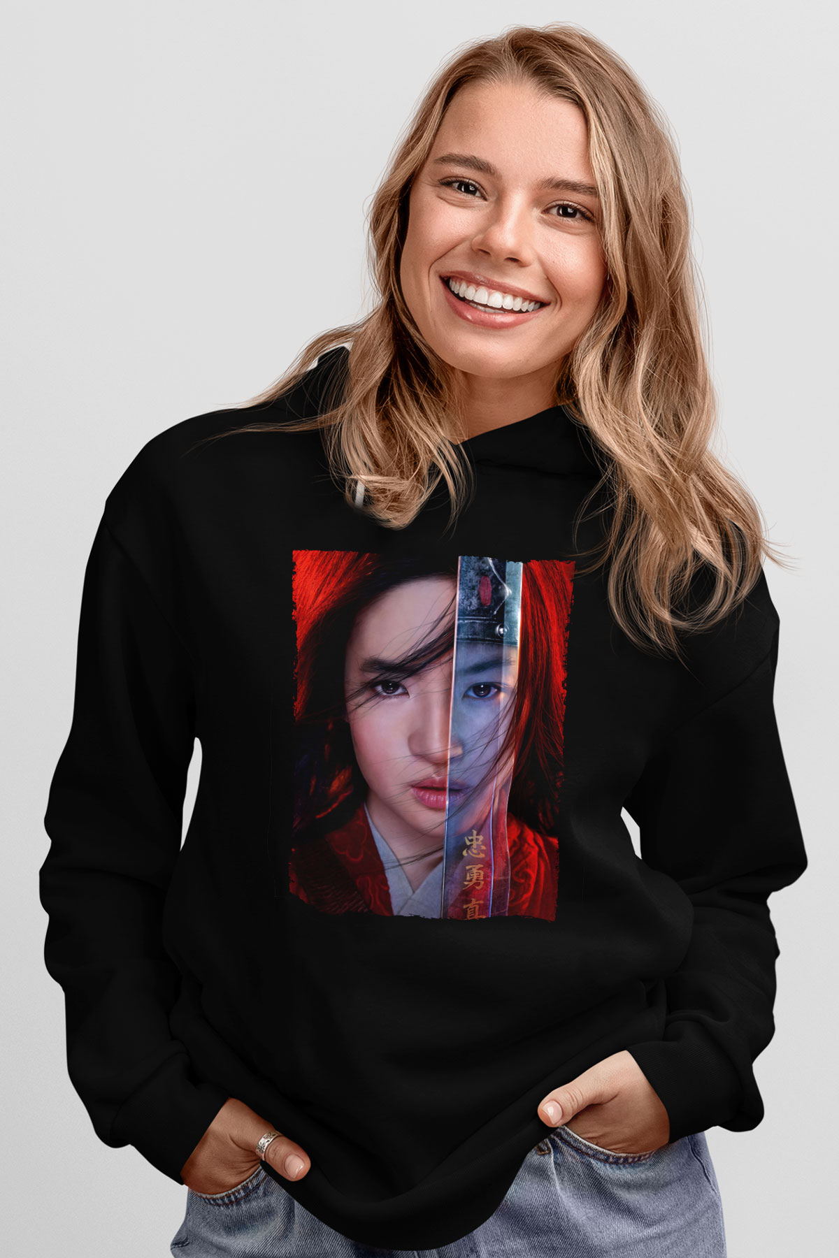 Unisex Mulan Baskılı Siyah Kapüşonlu Sweatshirt