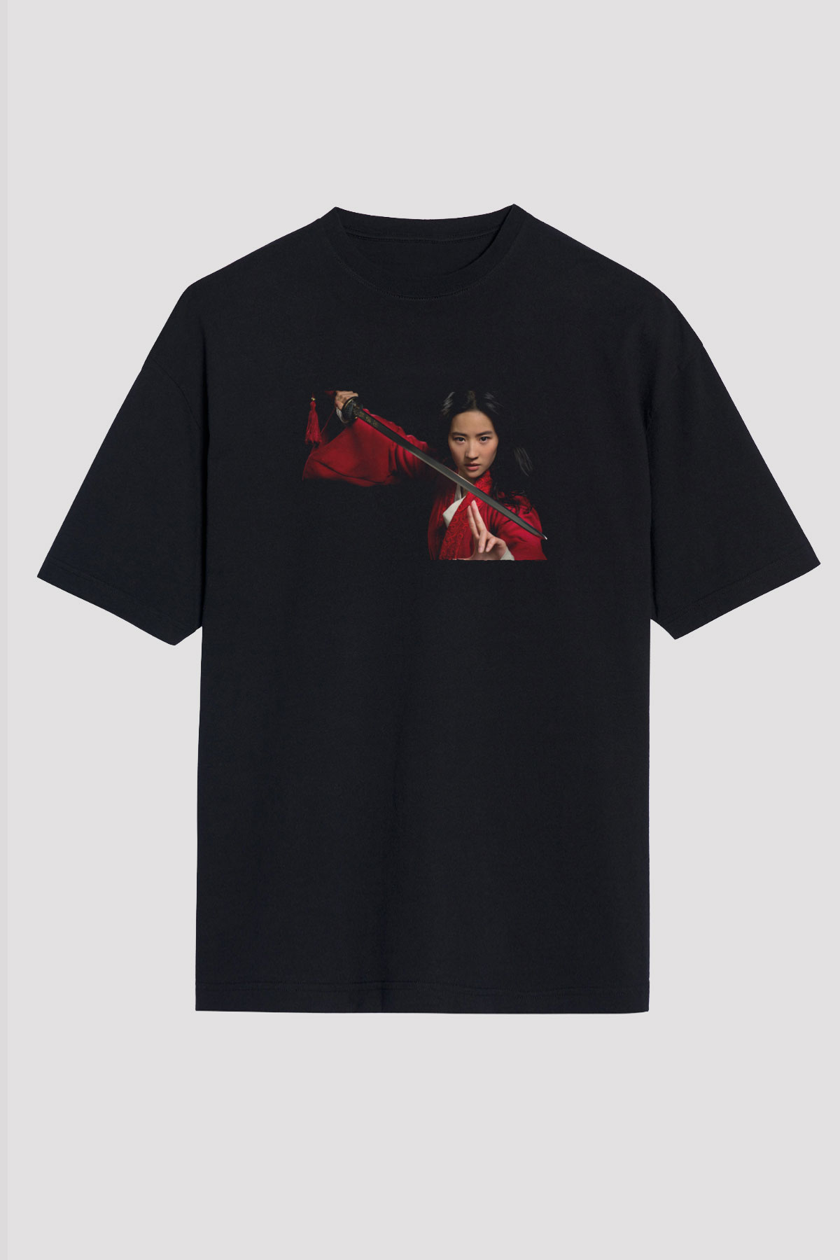 Unisex Mulan Baskılı Siyah Oversize Tshirt