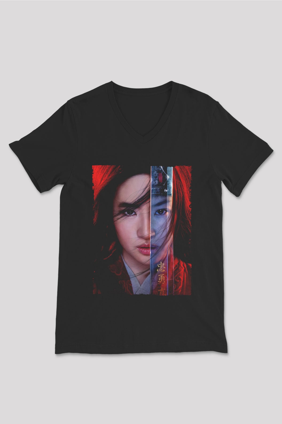 Unisex Mulan Baskılı Siyah V Yaka T-shirt