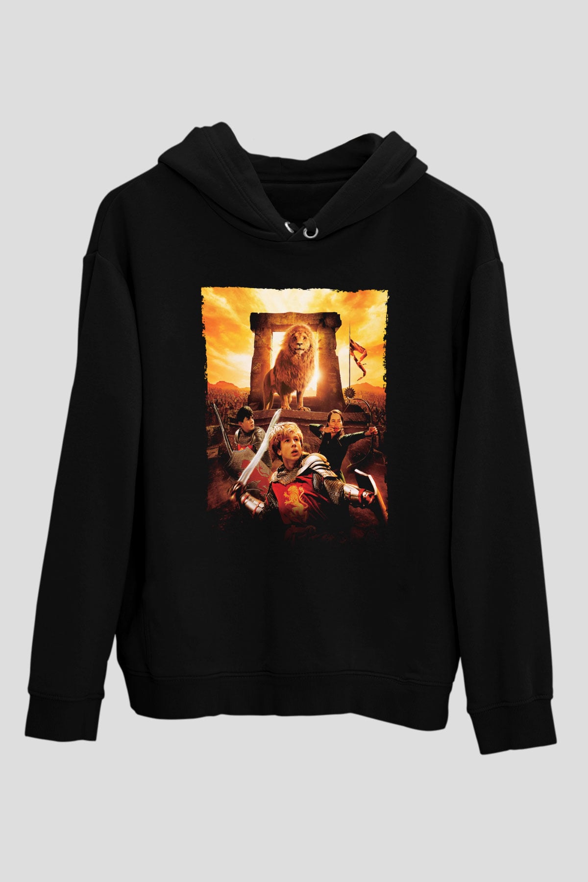 Unisex Narnia Günlükleri Aslan, Cadı ve Dolap (The Chronicles of Narnia The Lion, the Witch and the Wardrobe) Baskılı Siyah Kapüşonlu Sweatshirt