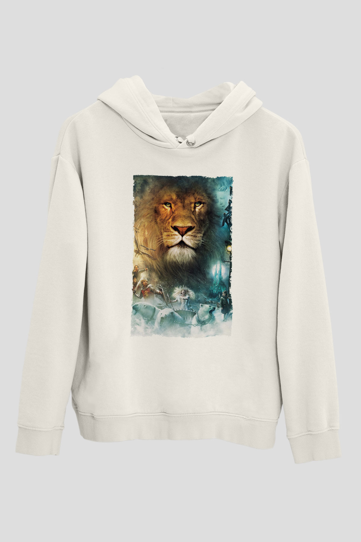 Unisex Narnia Günlükleri Aslan, Cadı ve Dolap Baskılı Beyaz Kapüşonlu Sweatshirt