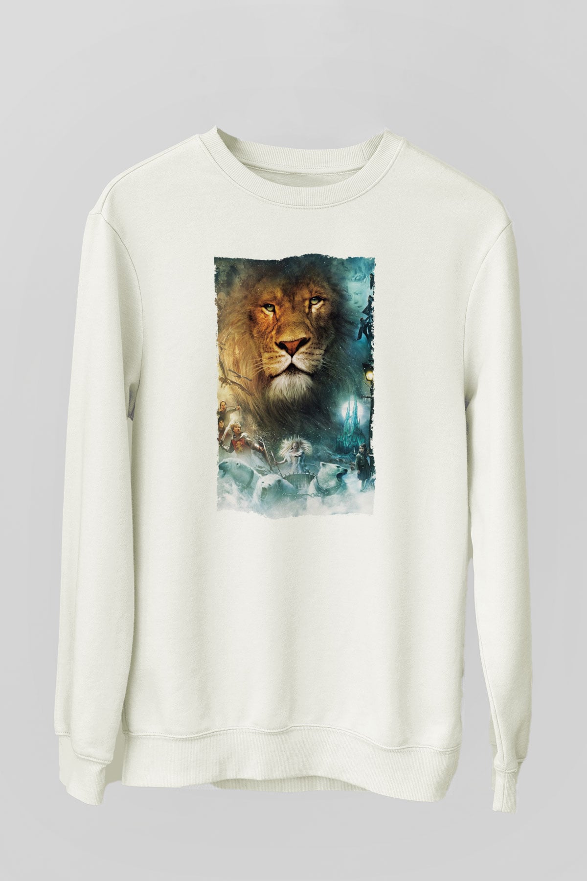 Unisex Narnia Günlükleri Aslan, Cadı ve Dolap Baskılı Beyaz Sweatshirt