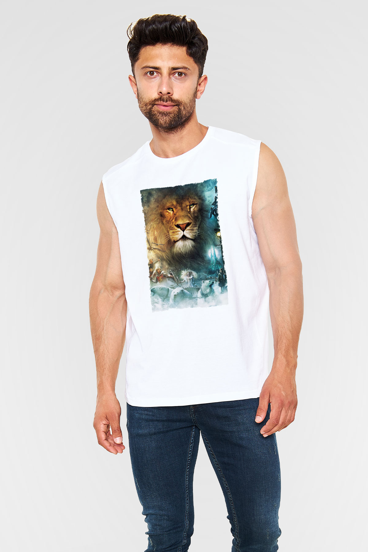Unisex Narnia Günlükleri Aslan, Cadı ve Dolap Baskılı Beyaz Kolsuz Tişört