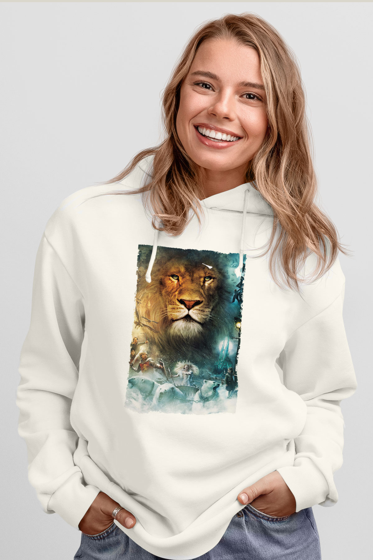 Unisex Narnia Günlükleri Aslan, Cadı ve Dolap Baskılı Beyaz Kapüşonlu Sweatshirt