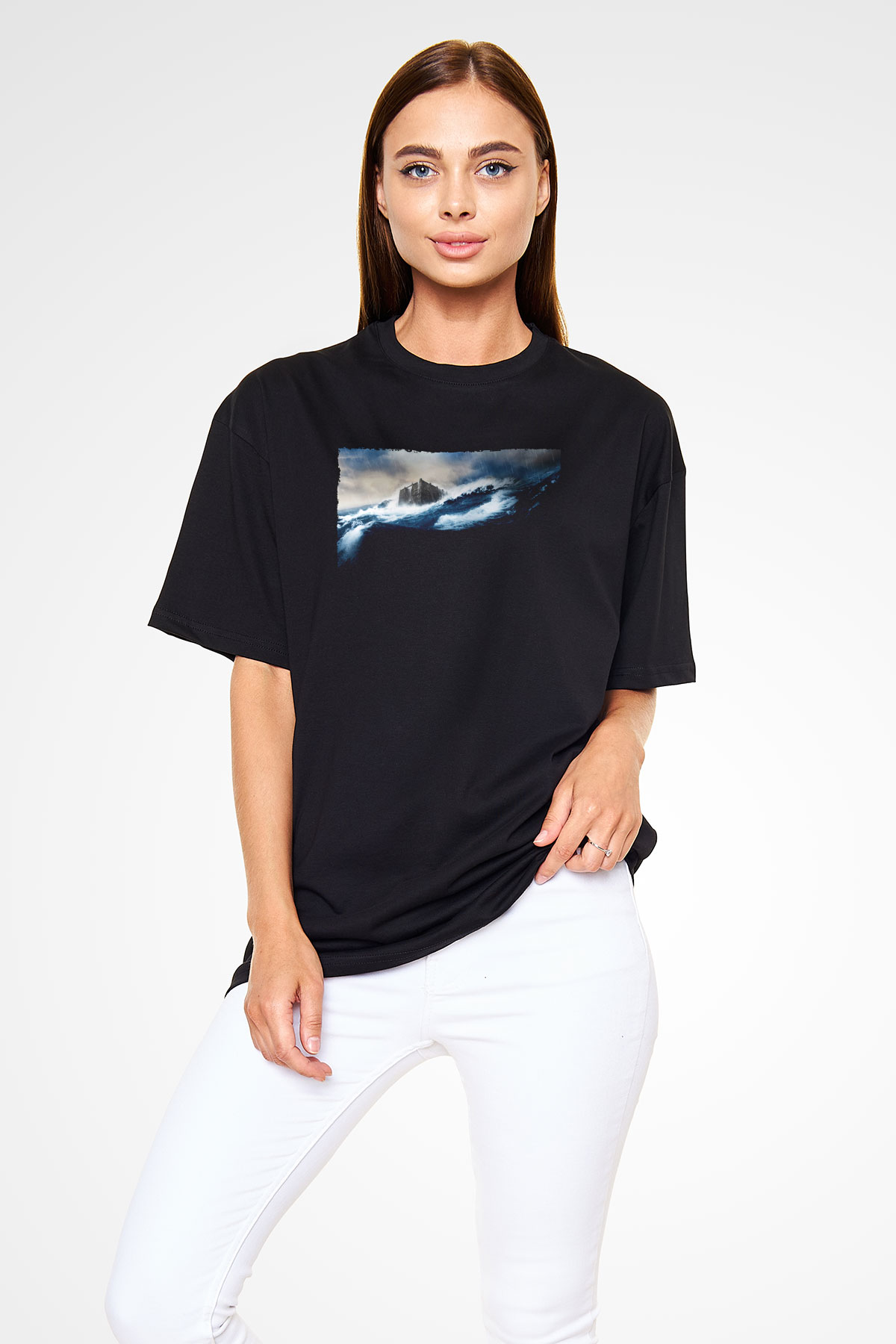 Unisex Nuh (Noah) Baskılı Siyah Oversize Tshirt
