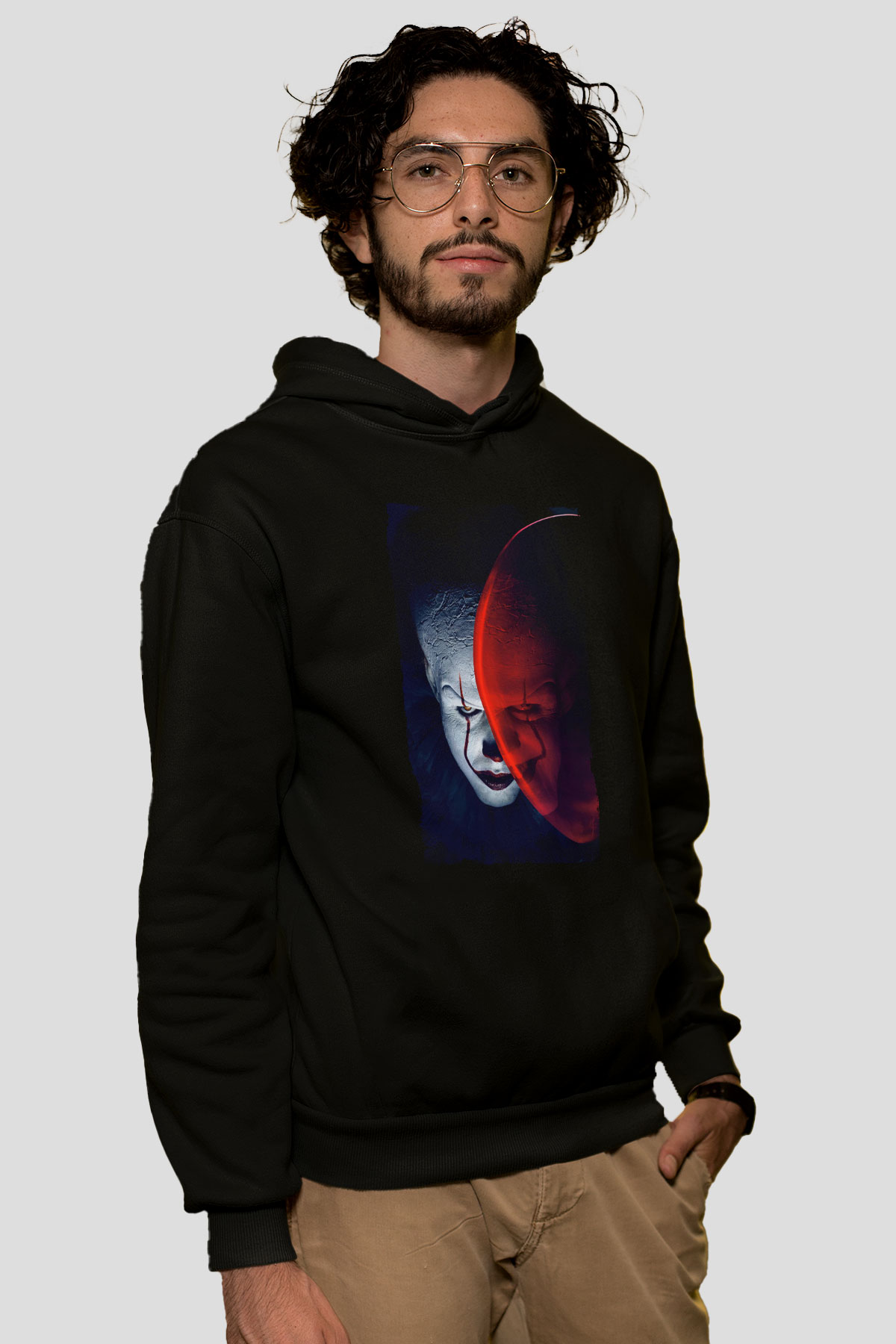 Unisex O (IT) Baskılı Siyah Kapüşonlu Sweatshirt