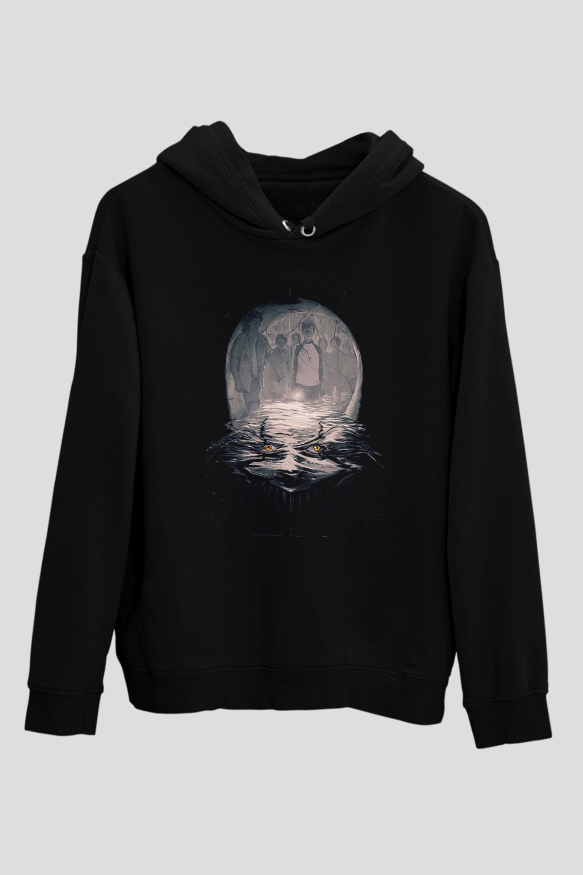 Unisex O (IT) Baskılı Siyah Kapüşonlu Sweatshirt