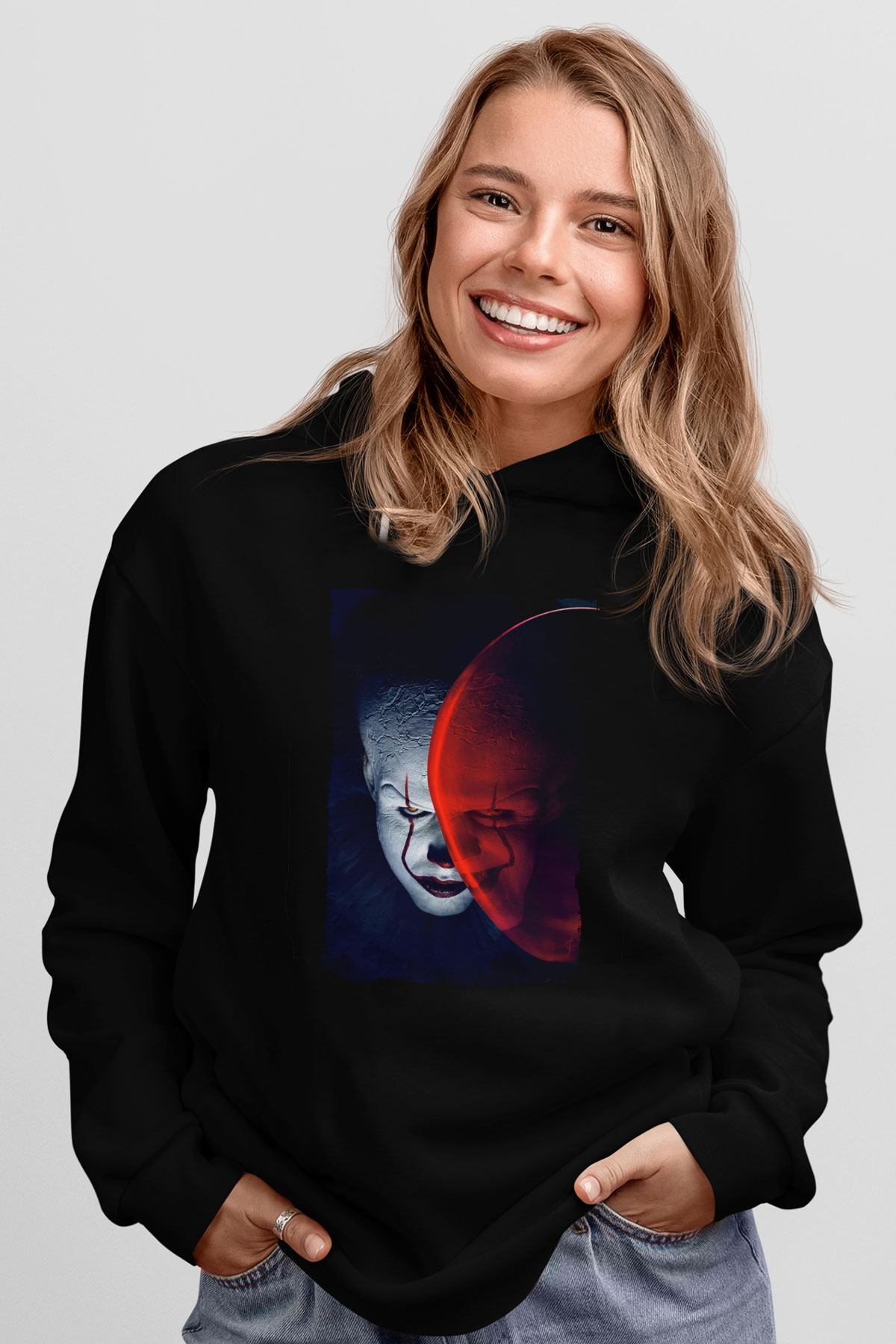 Unisex O (IT) Baskılı Siyah Kapüşonlu Sweatshirt
