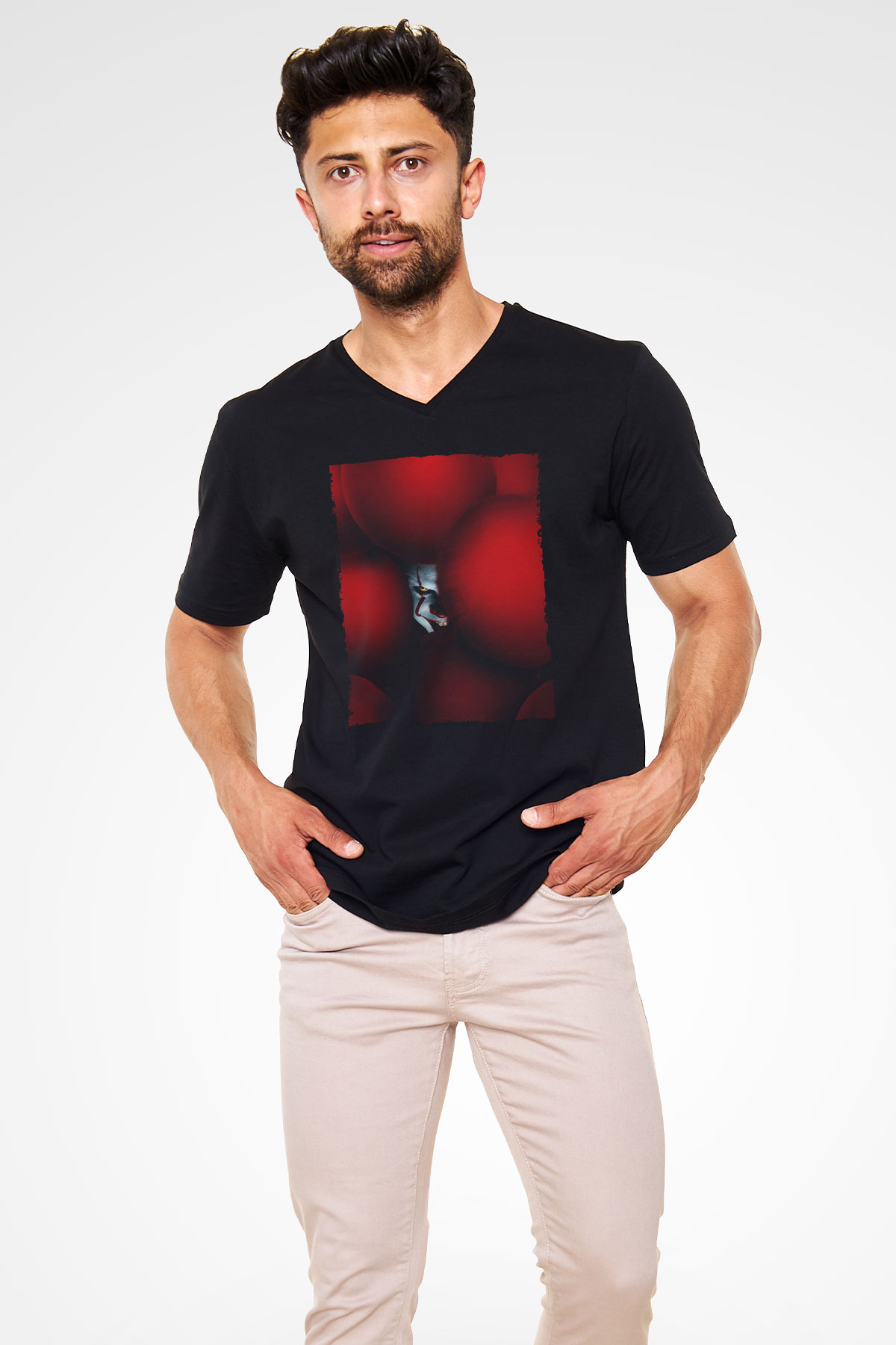 Unisex O (IT) Baskılı Siyah Unisex V Yaka Tişört