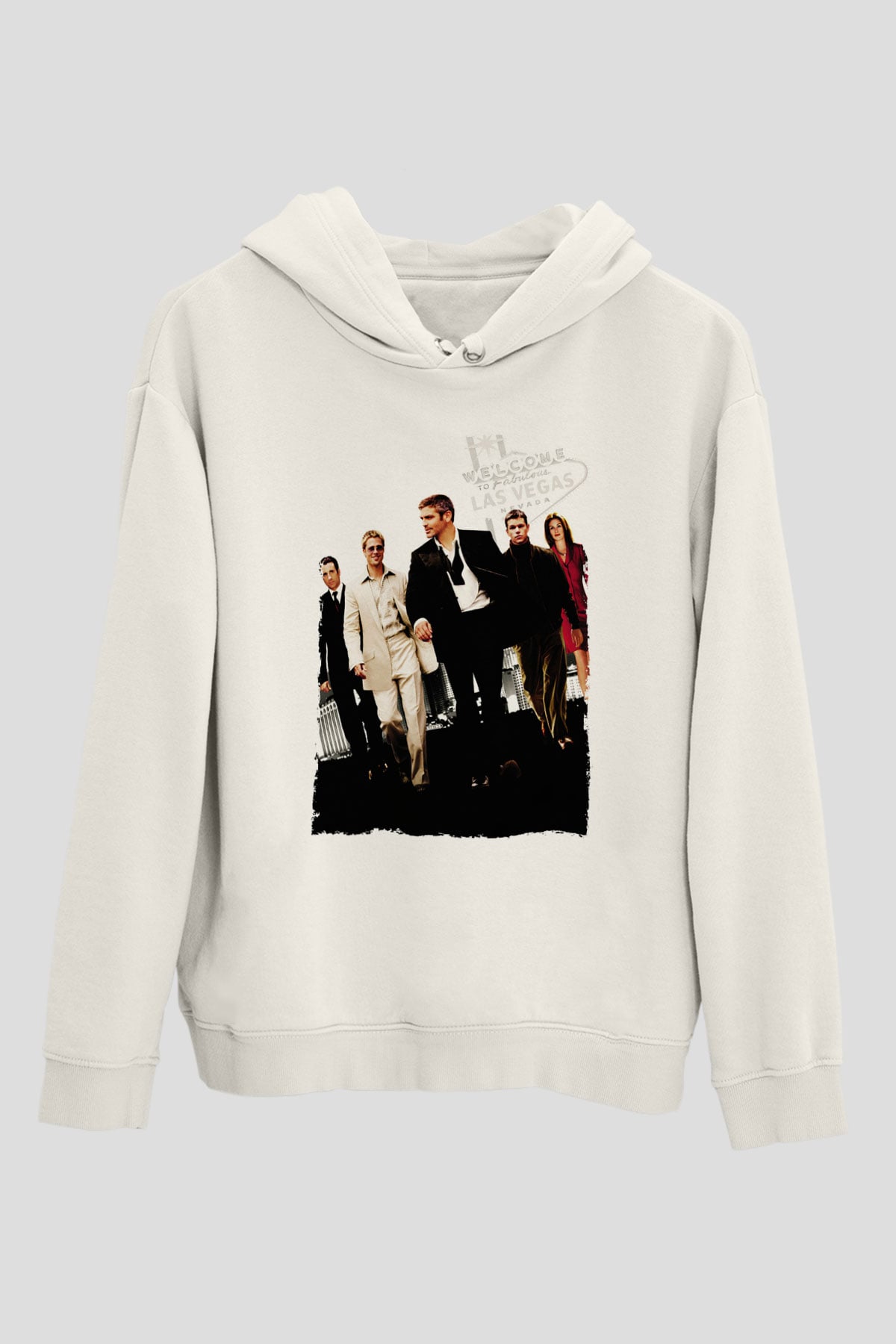 Unisex Oceans Eleven Baskılı Beyaz Kapüşonlu Sweatshirt