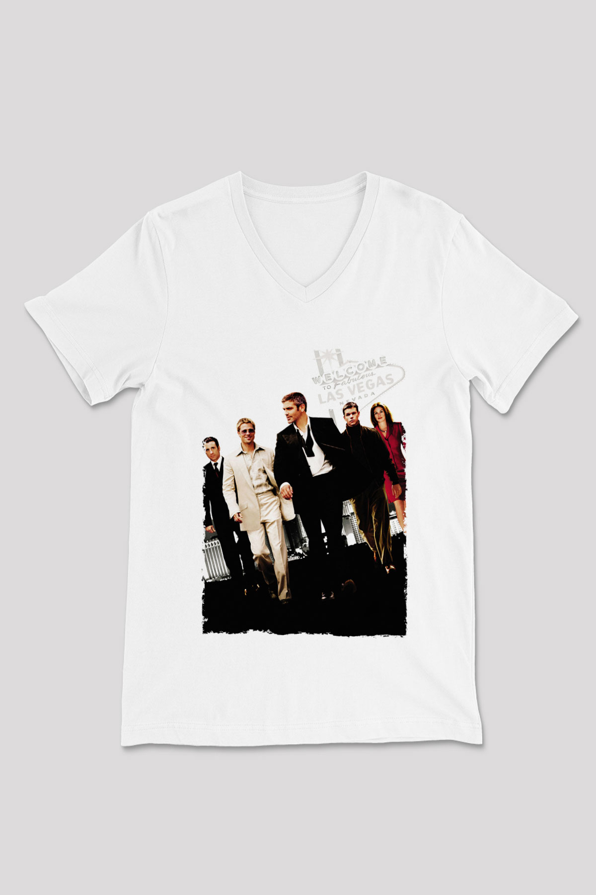 Unisex Oceans Eleven Baskılı Beyaz V Yaka Tshirt