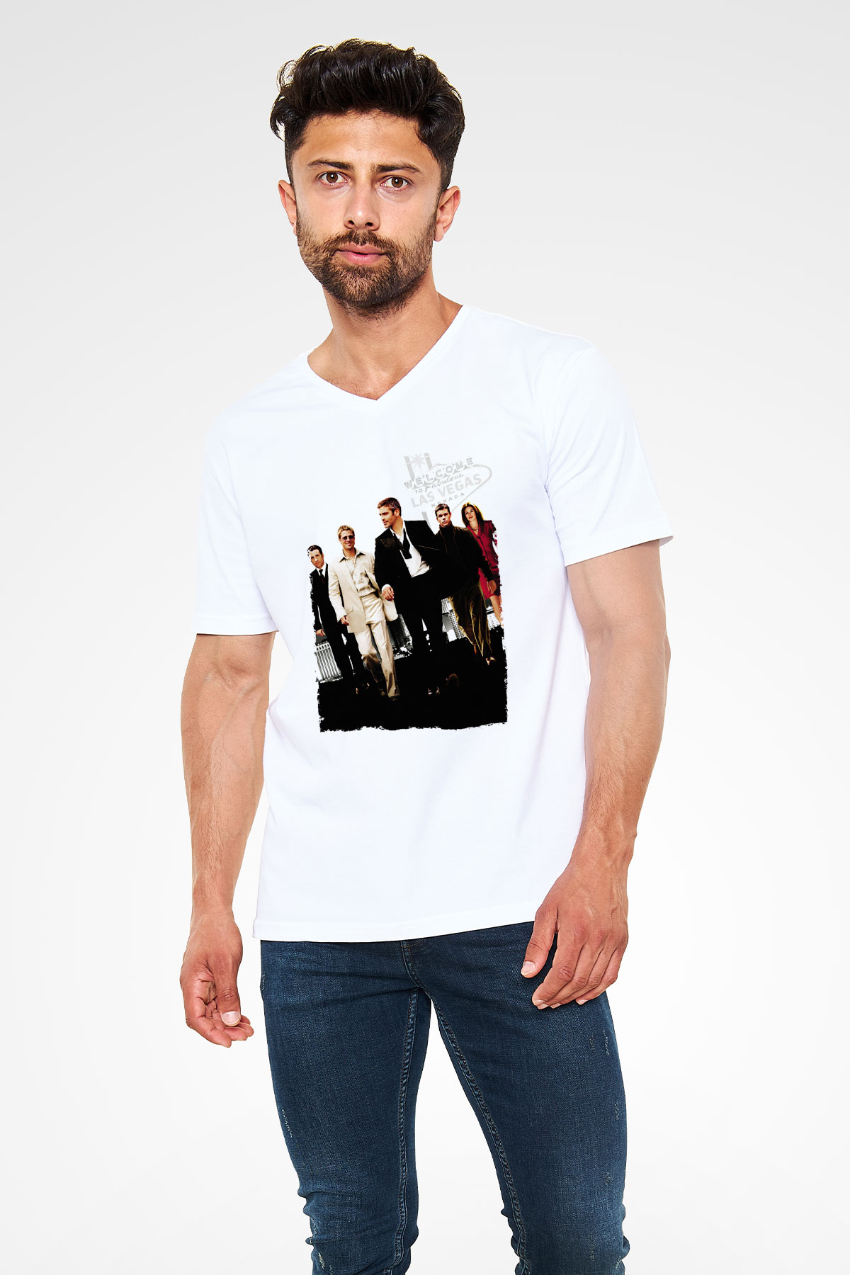 Unisex Oceans Eleven Baskılı Beyaz V Yaka Tshirt