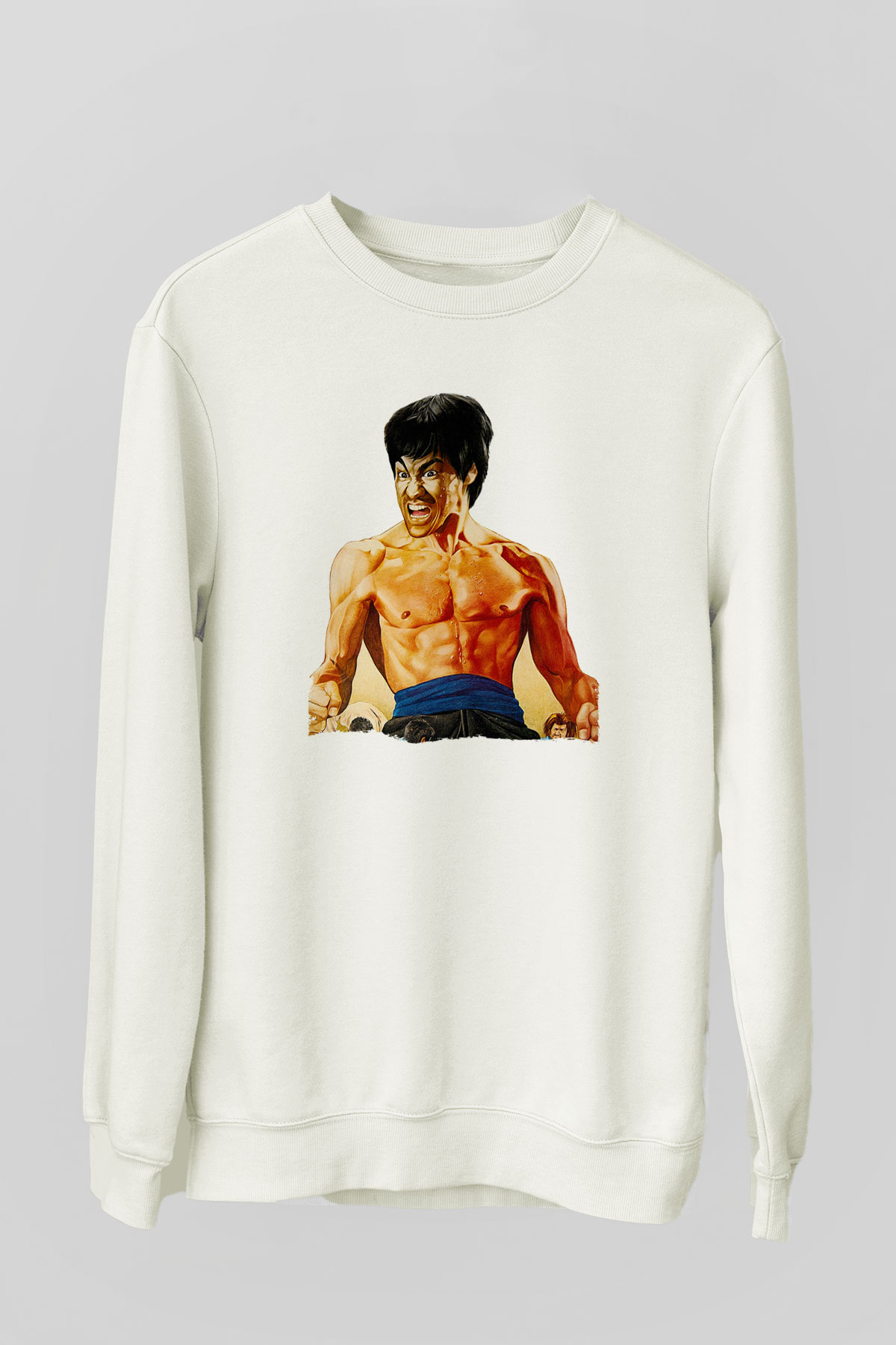 Unisex Öfkenin Yumruğu (Fist of Fury) Baskılı Beyaz Sweatshirt