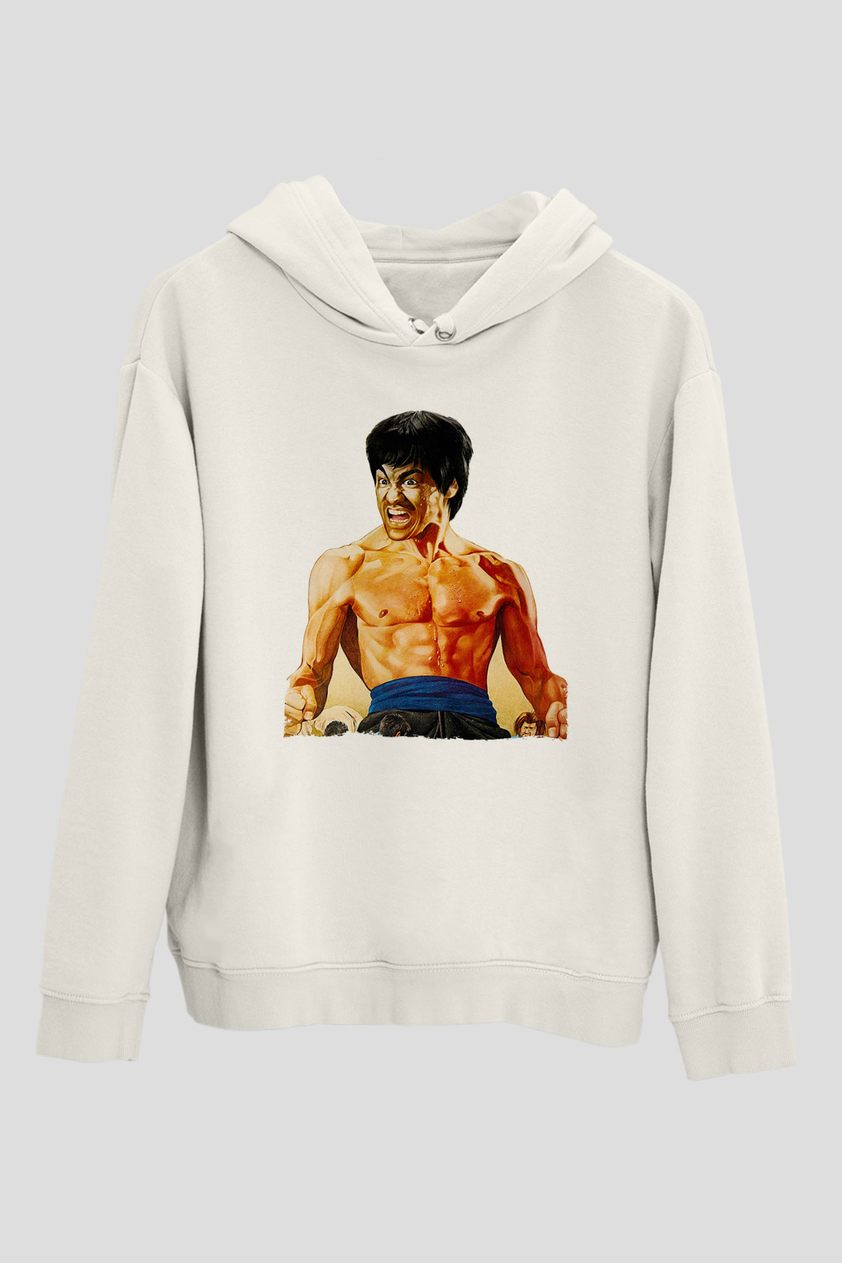 Unisex Öfkenin Yumruğu (Fist of Fury) Baskılı Beyaz Kapüşonlu Sweatshirt