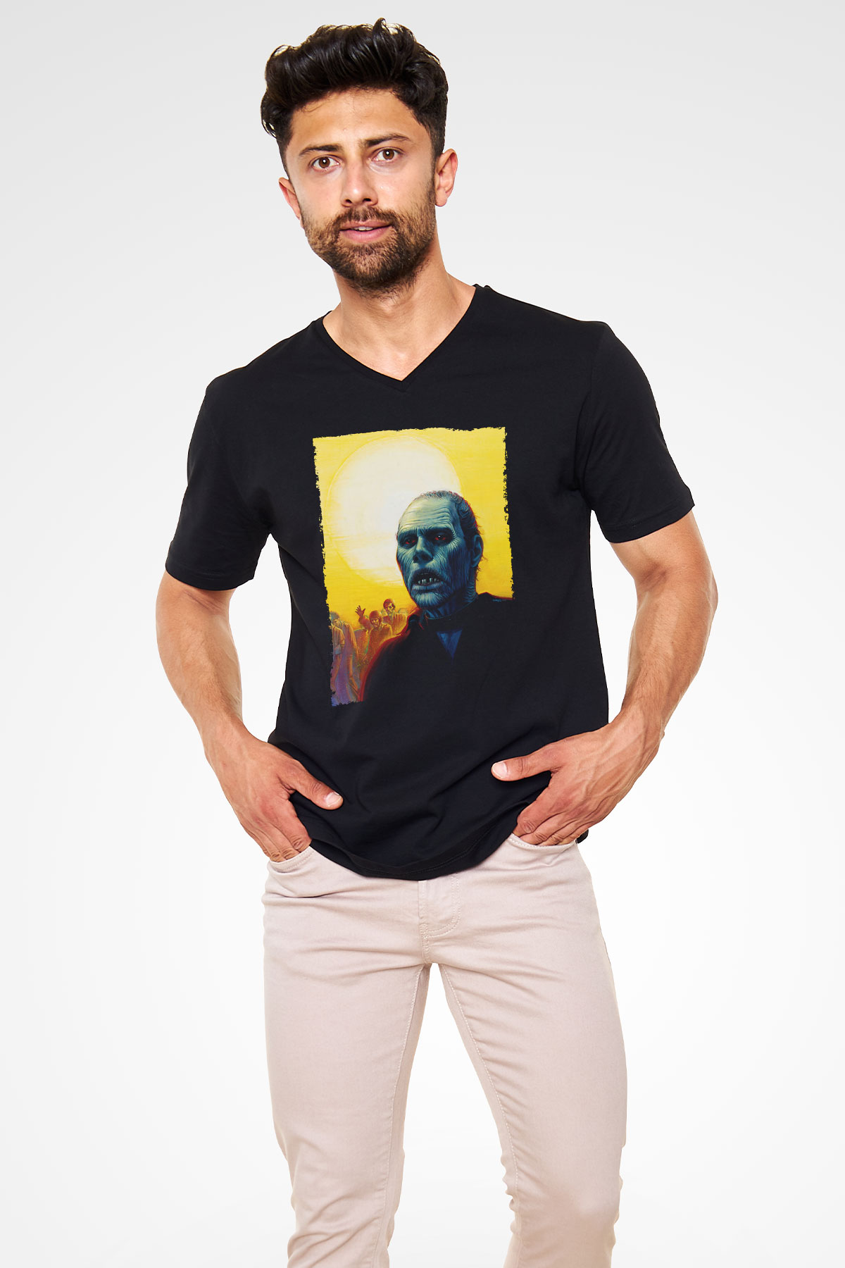 Unisex Ölüler Günü (Day of the Dead) Baskılı Siyah V Yaka Tshirt