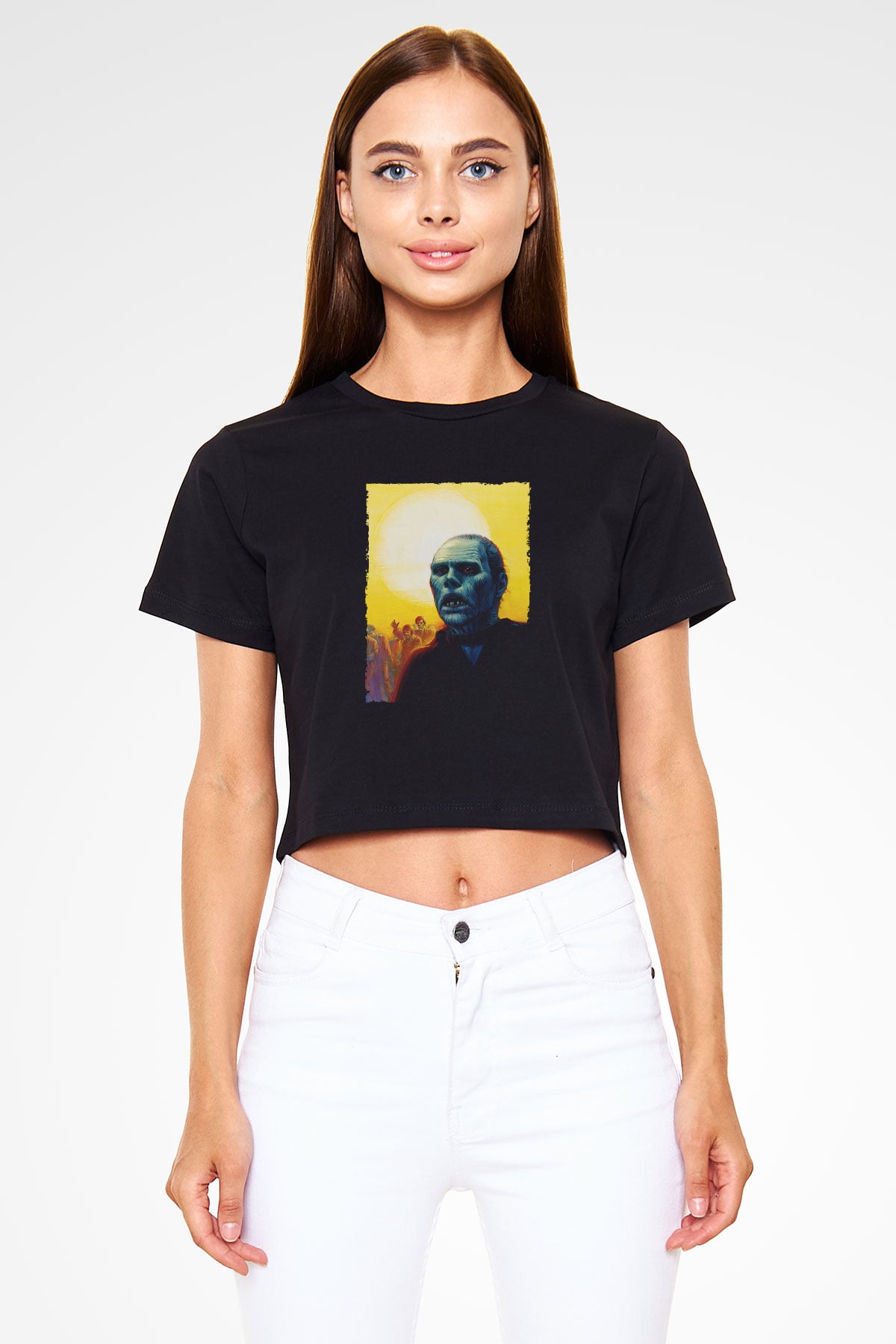 Unisex Ölüler Günü (Day of the Dead) Baskılı Siyah Crop Top Tshirt