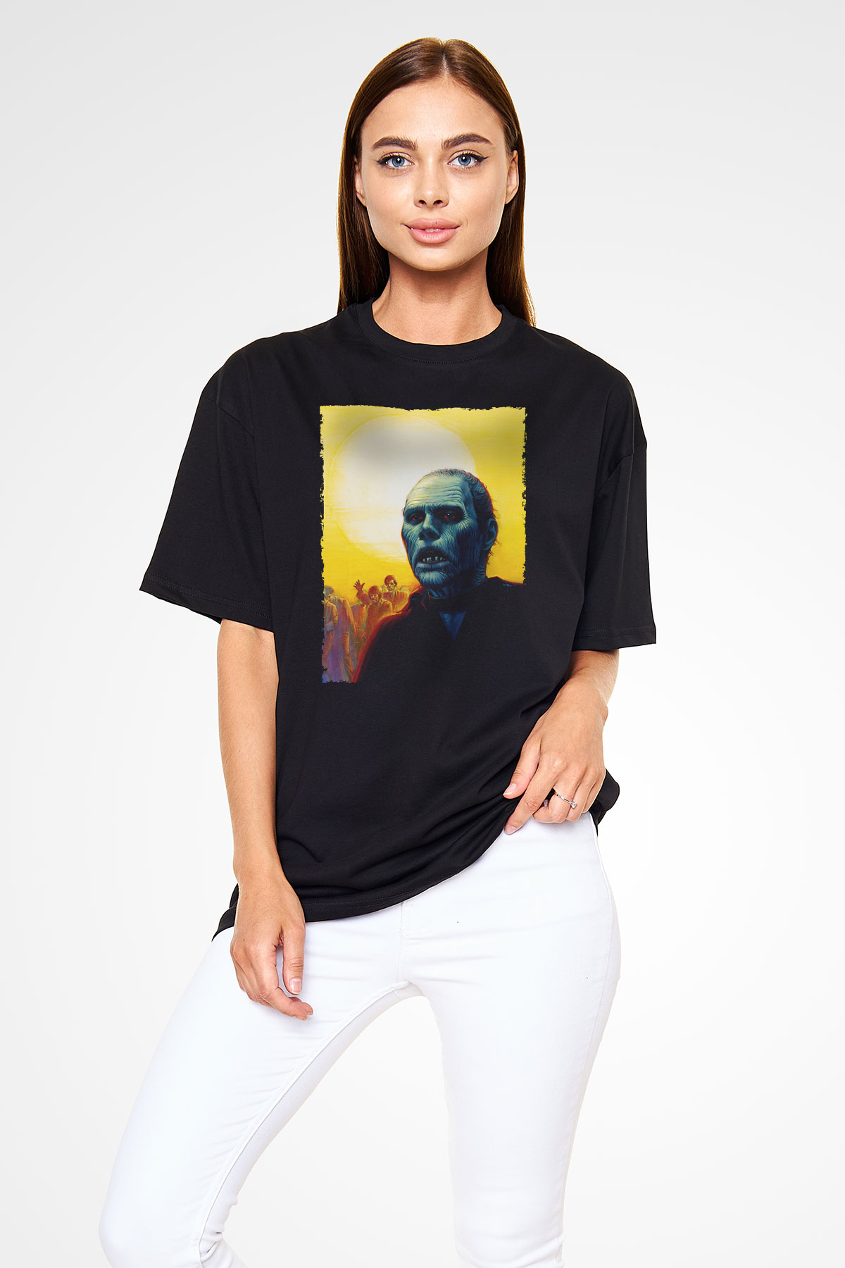 Unisex Ölüler Günü (Day of the Dead) Baskılı Siyah Oversize Tshirt