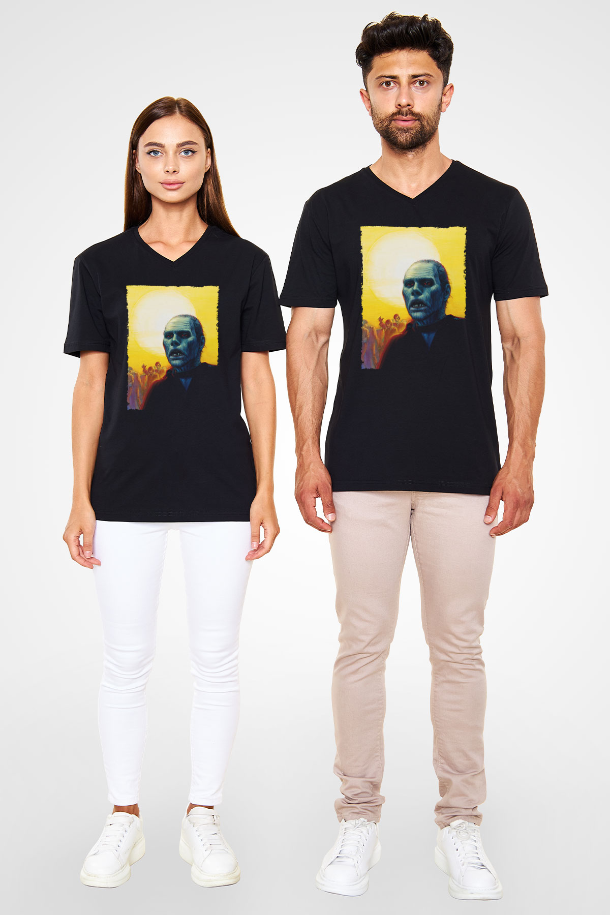 Unisex Ölüler Günü (Day of the Dead) Baskılı Siyah V Yaka Tshirt