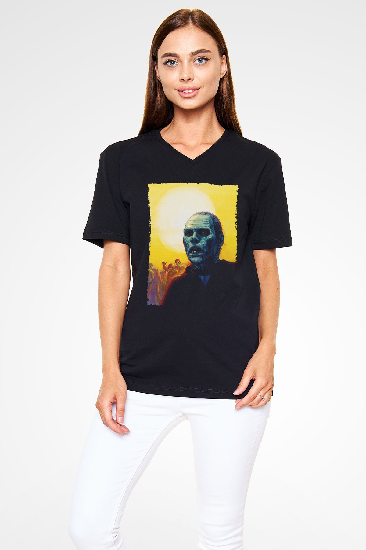 Unisex Ölüler Günü (Day of the Dead) Baskılı Siyah V Yaka Tshirt