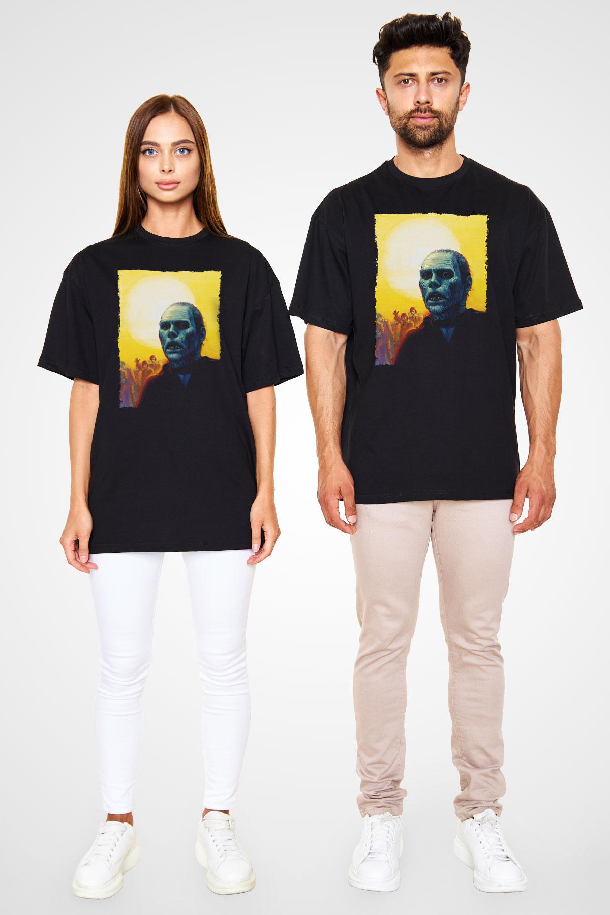 Unisex Ölüler Günü (Day of the Dead) Baskılı Siyah Oversize Tshirt