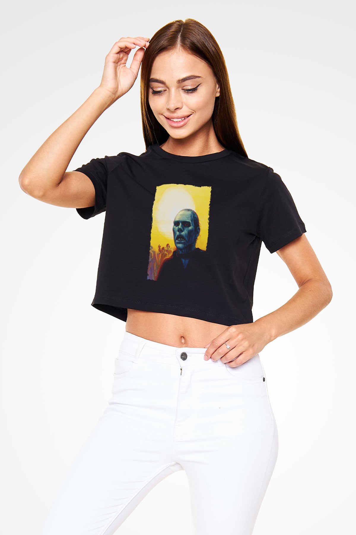 Unisex Ölüler Günü (Day of the Dead) Baskılı Siyah Crop Top Tshirt