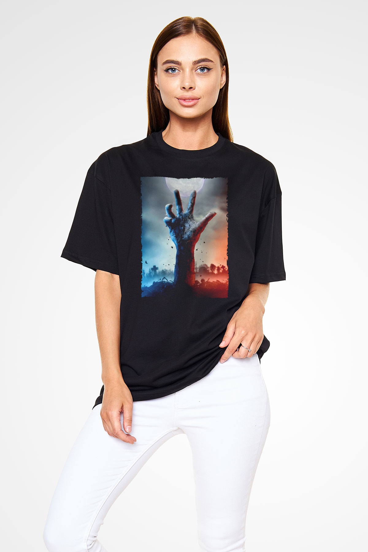 Unisex Ölüler Ölmez (The Dead Dont Die) Baskılı Siyah Oversize T-shirt