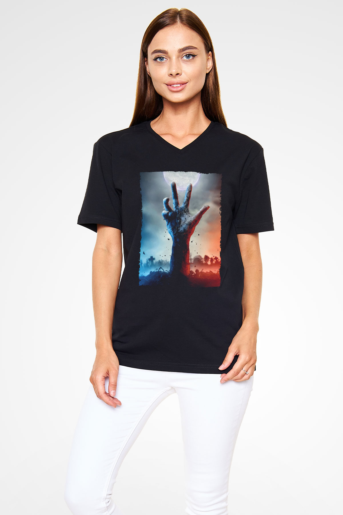 Unisex Ölüler Ölmez (The Dead Dont Die) Baskılı Siyah V Yaka T-shirt