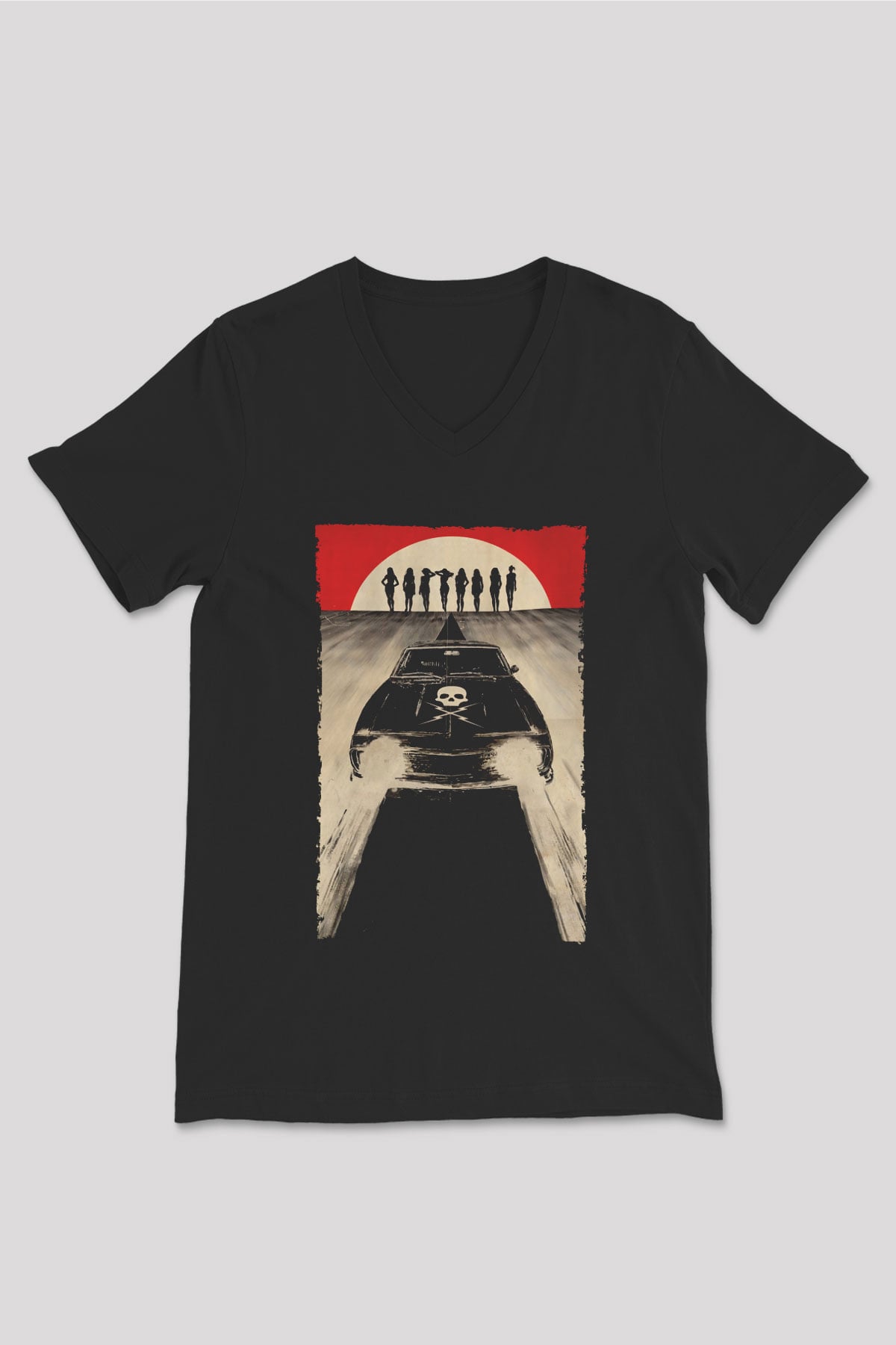 Unisex Ölüm Geçirmez (Death Proof) Baskılı Siyah V Yaka Tshirt