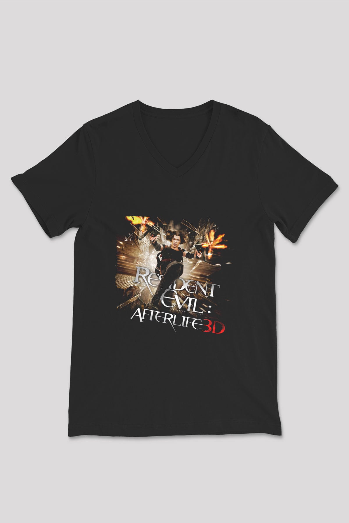 Unisex Ölümcül Deney Ölümden Sonra (Resident Evil Afterlife) Baskılı Siyah V Yaka T-shirt