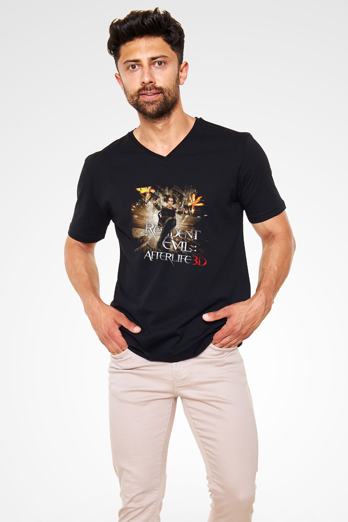 Unisex Ölümcül Deney Ölümden Sonra (Resident Evil Afterlife) Baskılı Siyah V Yaka T-shirt