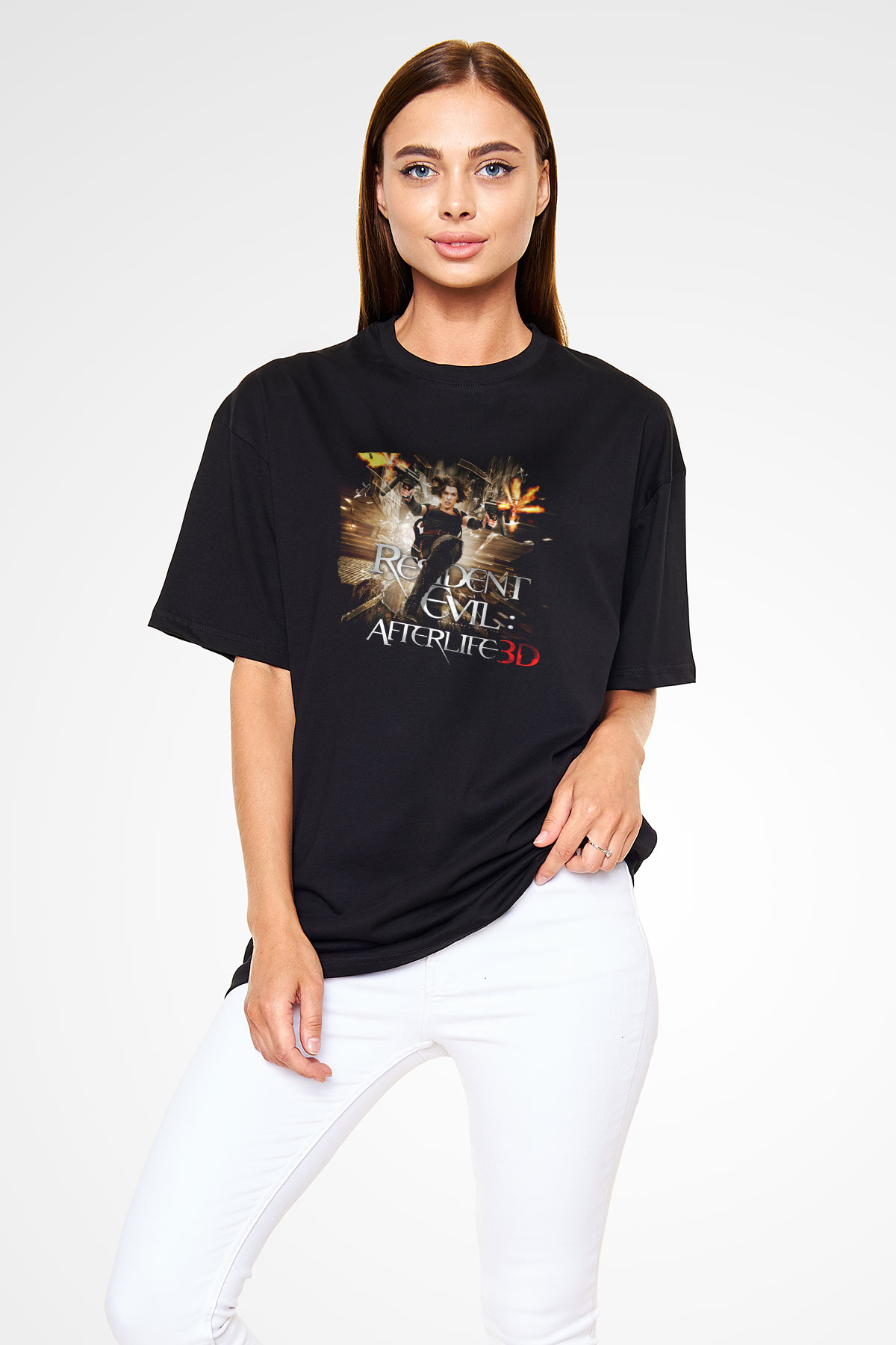 Unisex Ölümcül Deney Ölümden Sonra (Resident Evil Afterlife) Baskılı Siyah Oversize T-shirt