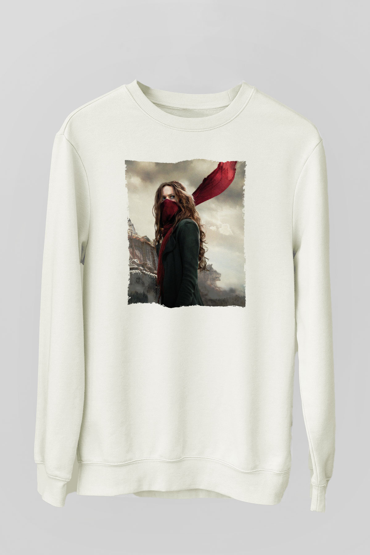 Unisex Ölümcül Makineler (Mortal Engines) Baskılı Beyaz Sweatshirt