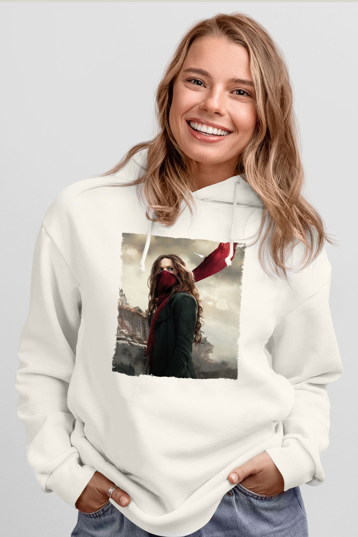 Unisex Ölümcül Makineler (Mortal Engines) Baskılı Beyaz Kapüşonlu Sweatshirt